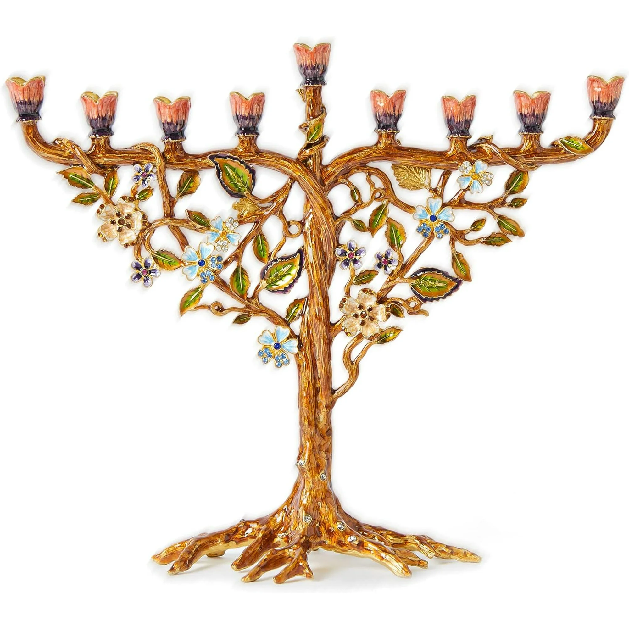 Home Jewel Decor Hand Painted Jewish Menorah Candle Holder with Flower Vine Design Made from Metal Embellished with Crystals for Hanukkah or Home Gift. FIT 9 mm(5/16