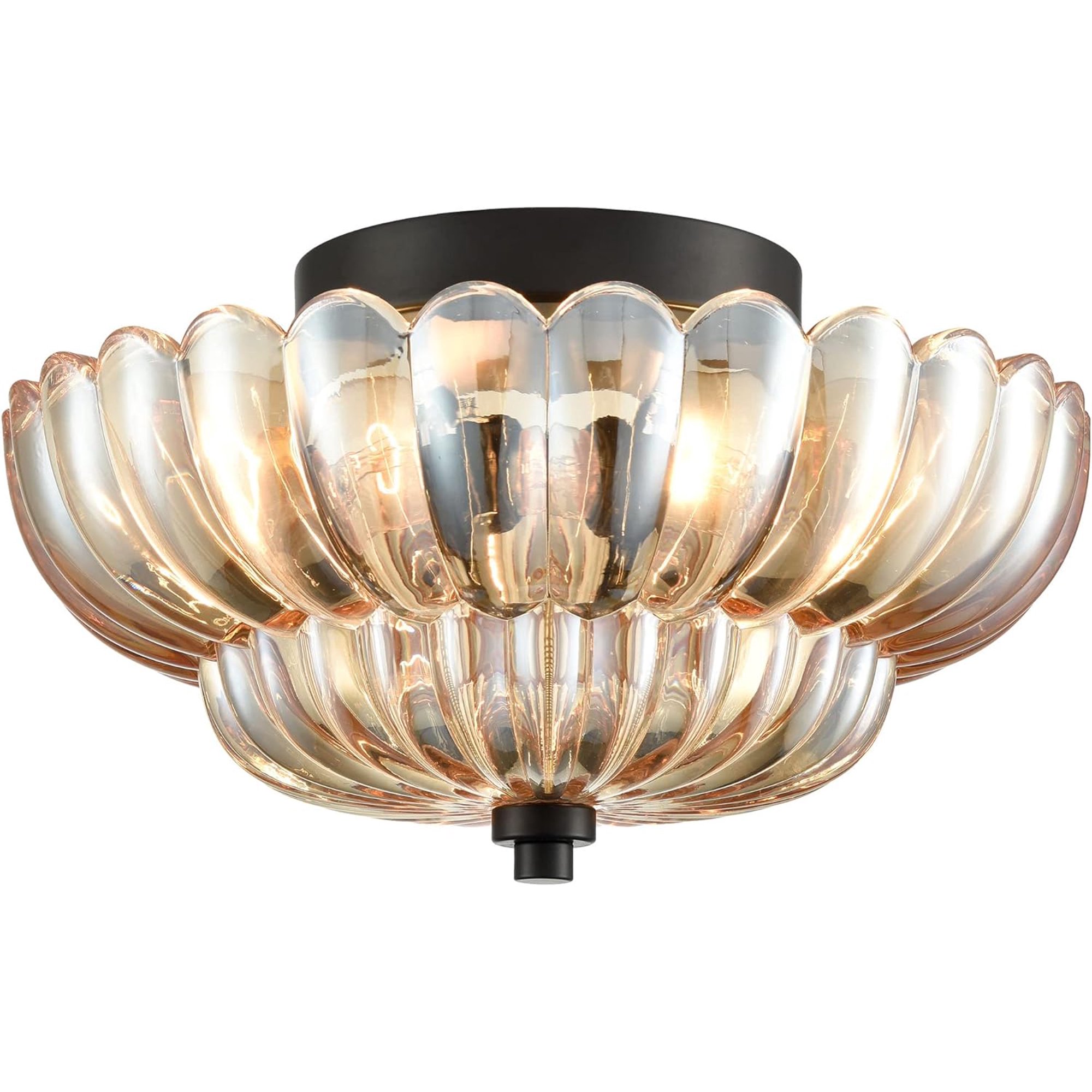 WEIKE Modern Black Flush Mount Ceiling Light 3-Light Close to Ceiling Light Fixtures with Scalloped Amber Glass Shade for Living Room Entryway