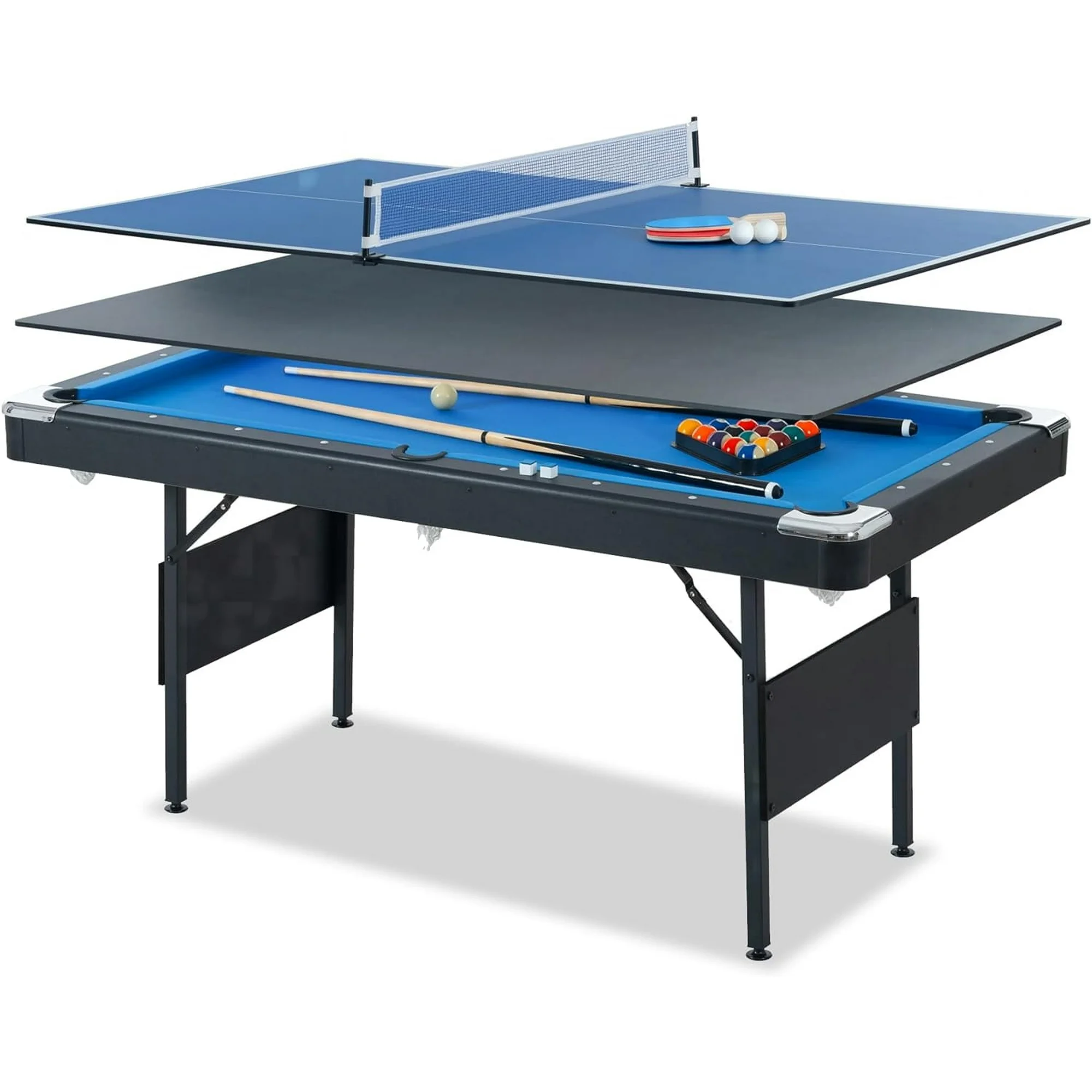 5.5 ft Folding Billiard Pool Table for Adults & Kids, 3 in 1 Muitfunctional Game Table with Pool Tables, Ping Pong Tables and Dining Tables, Indoor Game Talbe with Complete Accessories, Blue