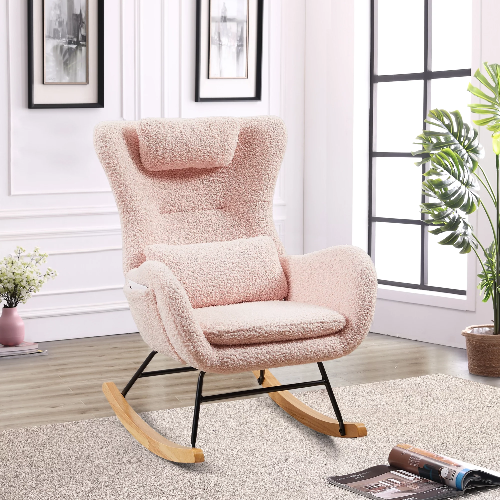 DEALTOPS Nursery Rocking Chair, Modern Rocking Chair with High Backrest and Armrests, Upholstered Glider Rocker with Solid Wood Legs, Comfy Side Chair for Living Room Bedroom-Pink