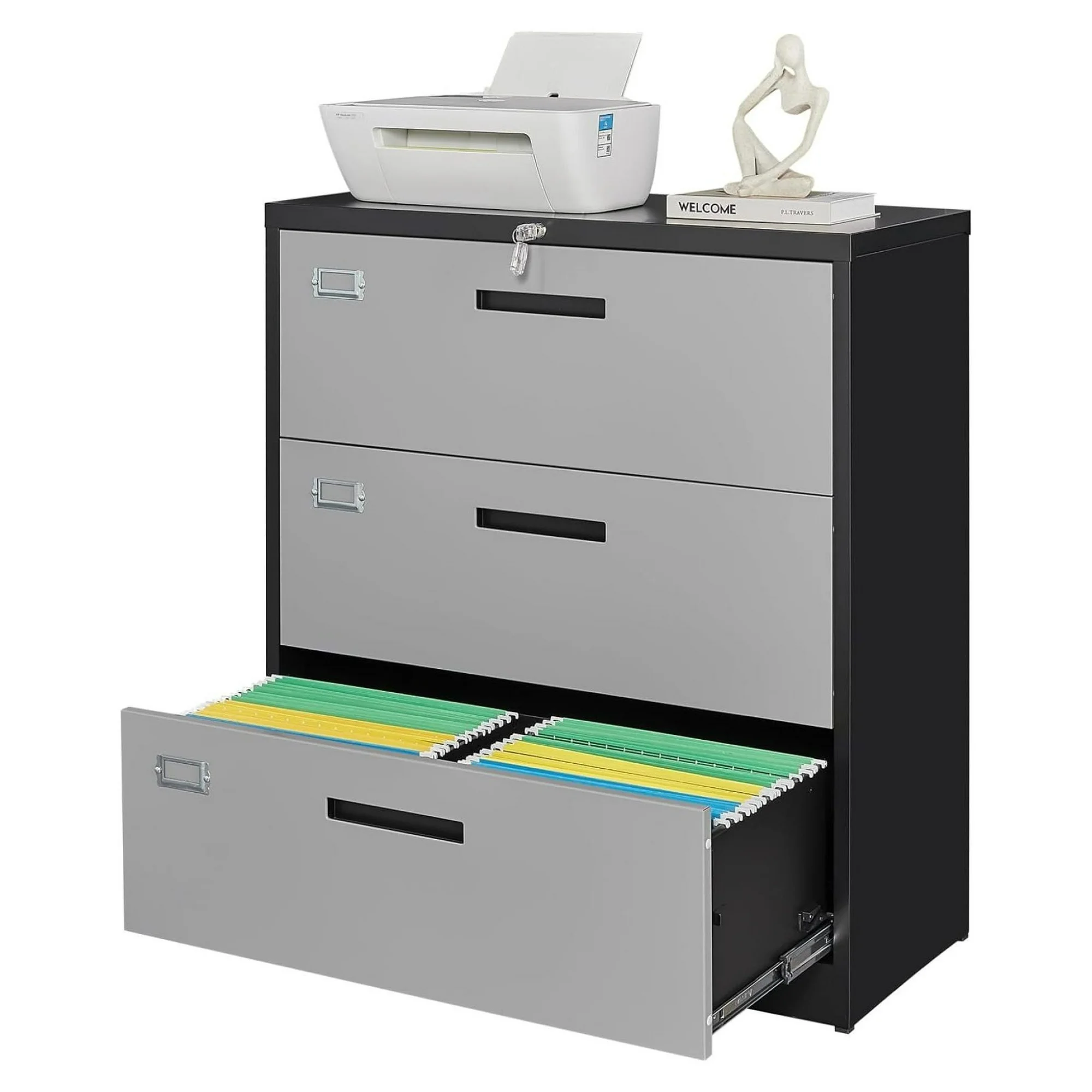 ZHANGHU 3 Drawer File Cabinet, Lateral Filing Cabinets for Home Office, Office Storage Drawers with Lock, Hanging Files Legal/Letter A4 Size (Assemble Required,Black Grey)
