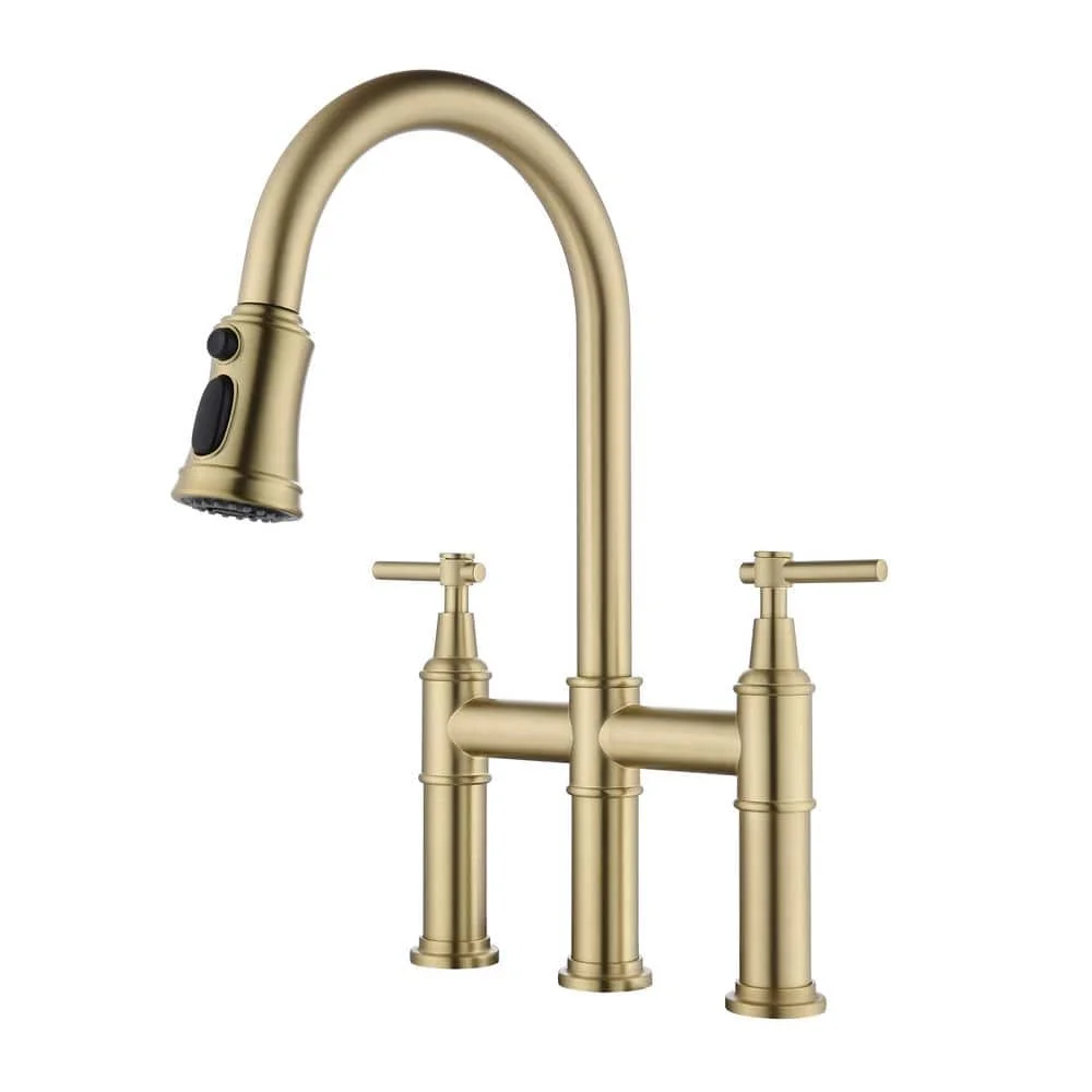 UPIKER Double Handle 360Swivel Spout Bridge Kitchen Faucet with Pull-Down Spray Head and 3-Modes in Brushed Gold