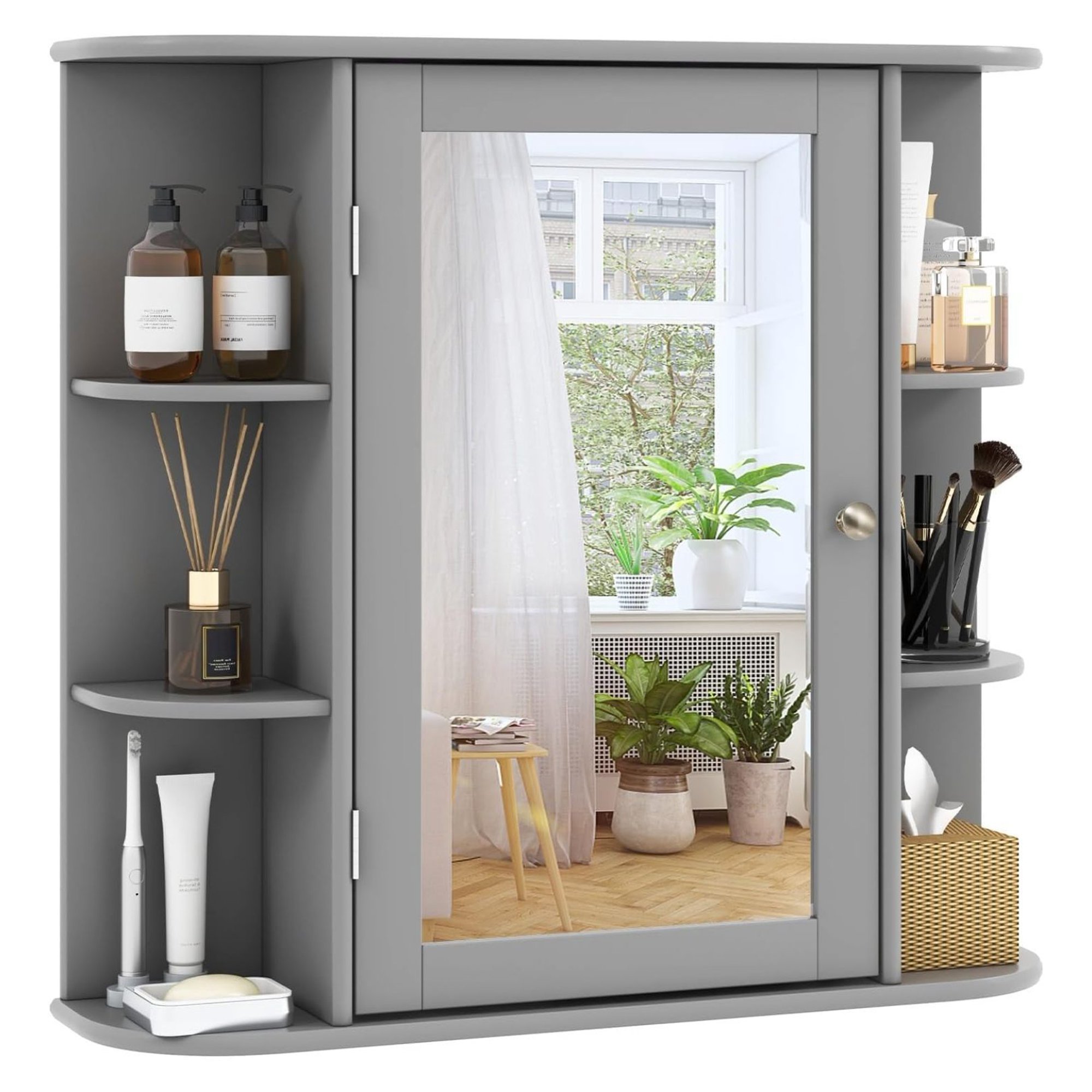 ZHANGHU Bathroom Medicine Cabinet w/Mirror, Bathroom Cabinet Wall Mount w/ 3 Adjustable Shelves, 6 Open Shelves & Mirror Door, Medicine Cabinet, Bathroom Wall Cabinet for Toilet & Laundry Room