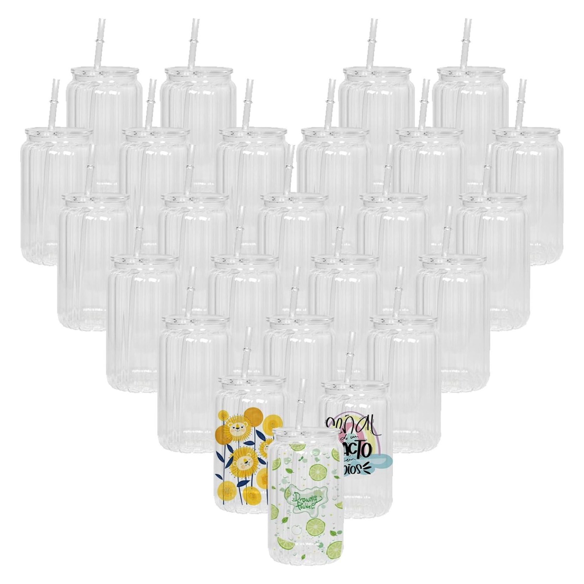 ZHANGHU 25 Pack 16oz Sublimation Glass Cups Blanks with Lids and Straws, Clear Glass Cans Vertical Stripes, Borosilicate Glass , Sublimation Beer Can for Iced Coffee Juice (Clear, 25 Pack)