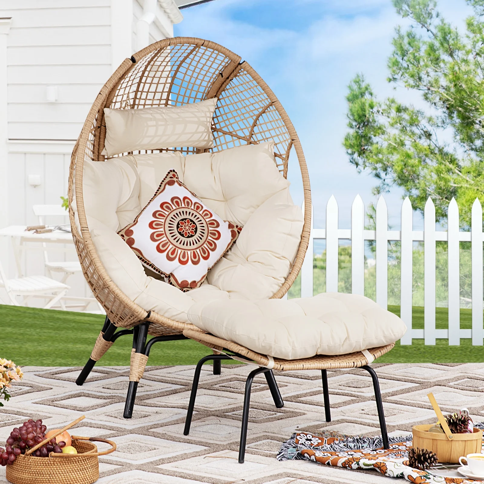 NICESOUL 2 Pieces Egg Chair Outdoor Basket Chairs Wicker Patio Egg Chairs with Ottoman Rattan Teardrop Cuddle Cocoon Chair for Indoor Bedroom Outside Porch Deck Backyard Garden (2 Pieces,Beige)