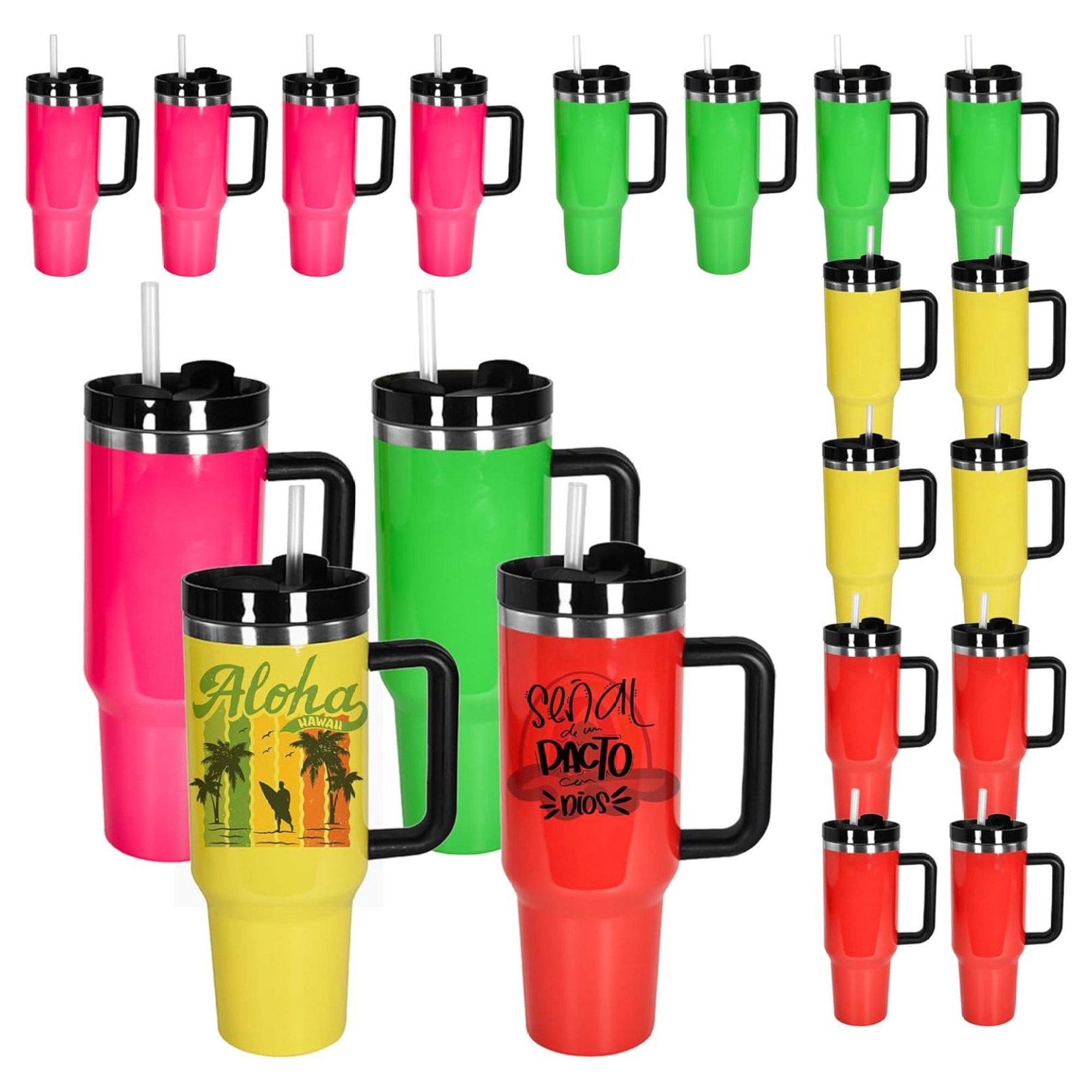 ZHANGHU 20 Pack Sublimation Blanks with Handle & Straw, 40 OZ Travel Coffee Cup, 4 Color Fluorescence Stainless Steel Sublimation Water Bottle, Sports Water Bottle, DIY Gift