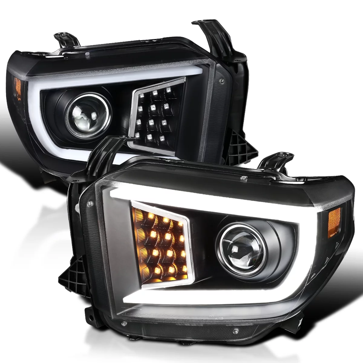 Spec-D Tuning LED Light Bar Black Housing Clear Lens Projector Headlights Compatible with 2014-2021 Toyota Tundra, Left + Right Pair Headlamps Assembly