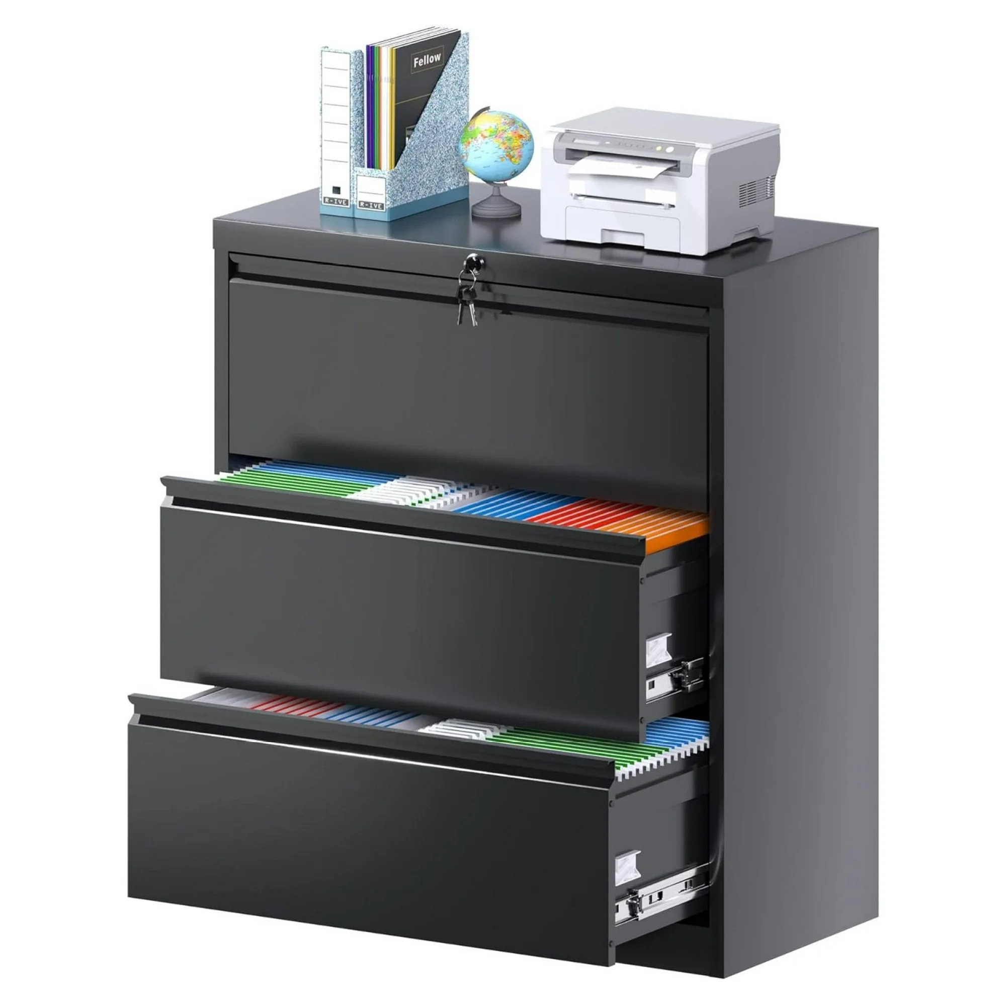 ZHANGHU 3 Drawer Metal Lateral File Cabinet for Home Office, Large Deep Metal File Cabinet with Lock, 35.43 Inches Wide for Letter/Legal A4 Size, Assembly Required, Black