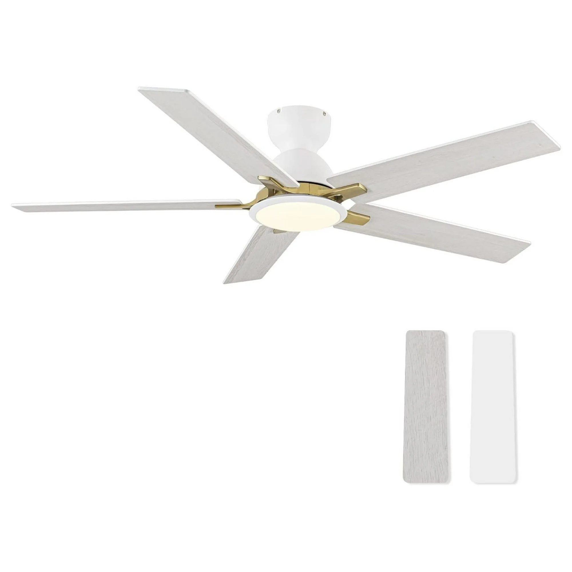 ZHANGHU 52 Inch Flush Mount Ceiling Fans with Lights Control, 5 Reversible Blade, Farmhouse Low Profile White Ceiling Fan, LED Ceiling Light Chandelier for Bedroom
