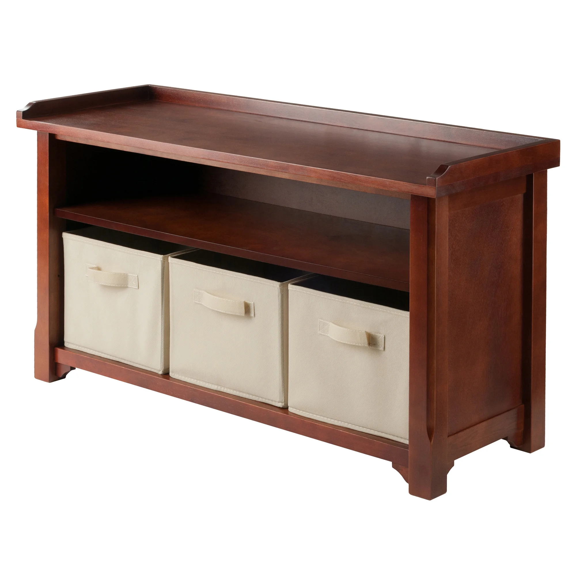 Winsome Wood Verona 4-Pc Storage Bench with 3 Foldable Fabric Baskets, Beige & Walnut