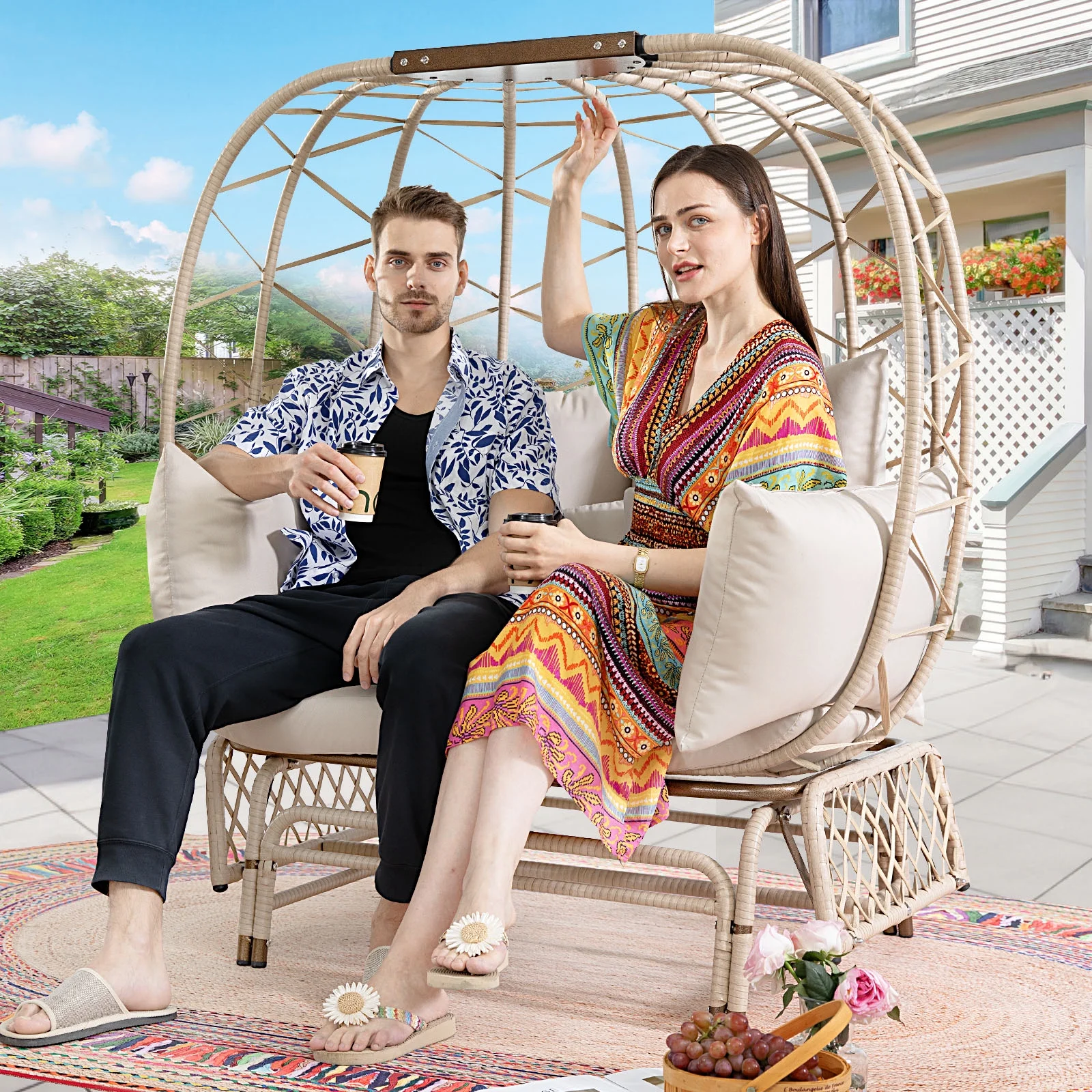 NICESOUL Beige Double Wicker Rocking Egg Chair Indoor Outdoor Oversized Patio Glider Egg Loveseat with Legs Egg Basket Lounge Chair for Bedroom,500 LBs