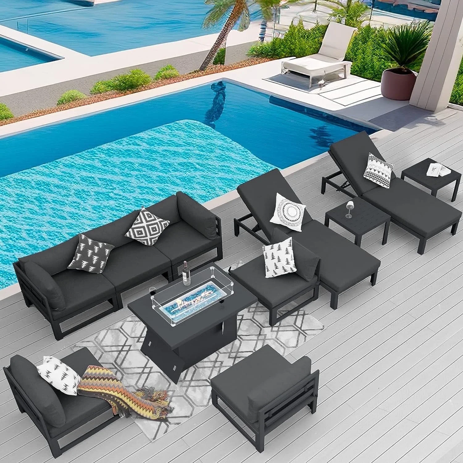 NICESOUL® 11 Pieces Large Outdoor Aluminum Furniture Set with Firepit Lounge Chair Table Patio Chaise Set with Fire Table Aluminum Frame Conversation Set for Pool Garden Yard Luxury