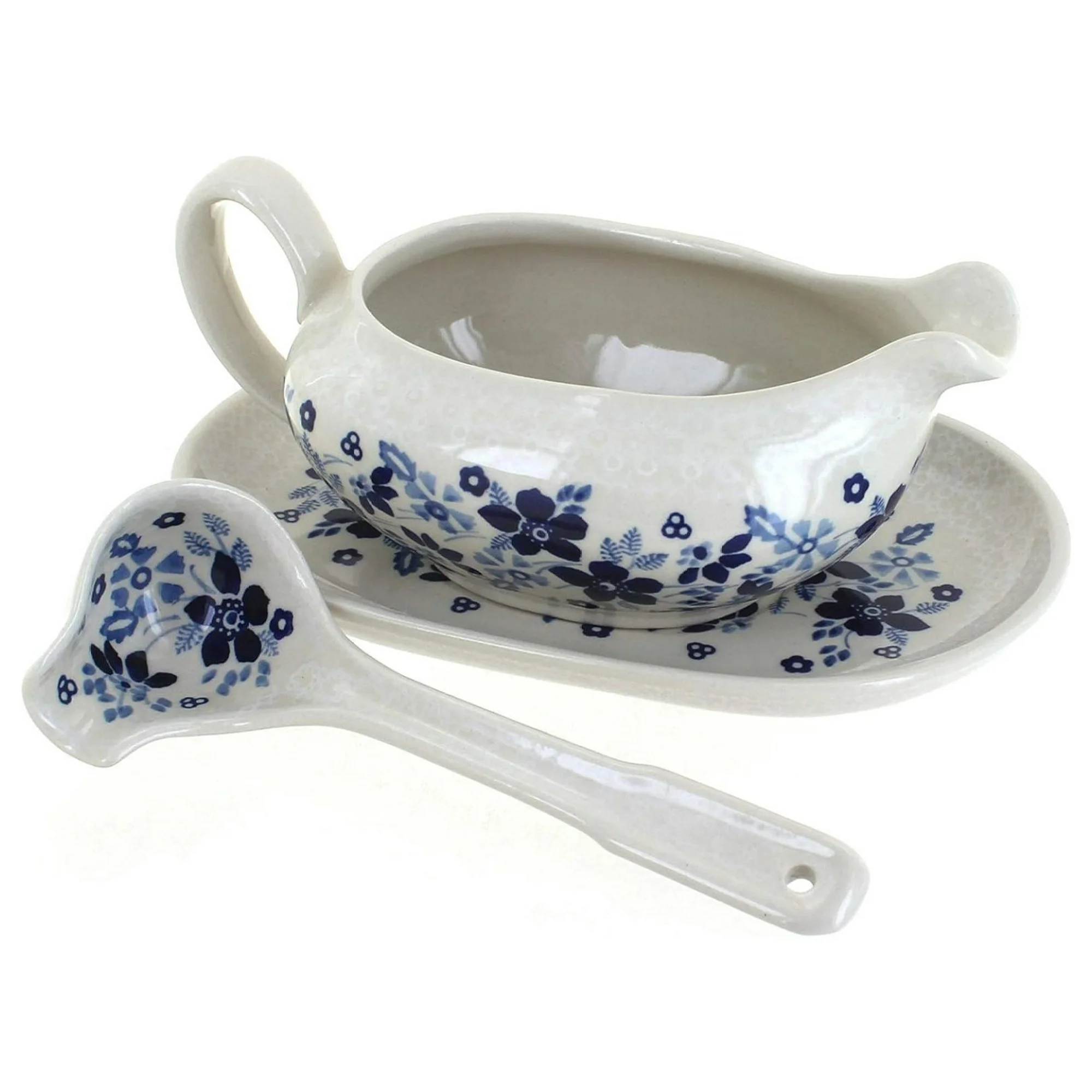 ZHANGHU Blue Rose Polish Pottery Christiana Gravy Boat & Ladle