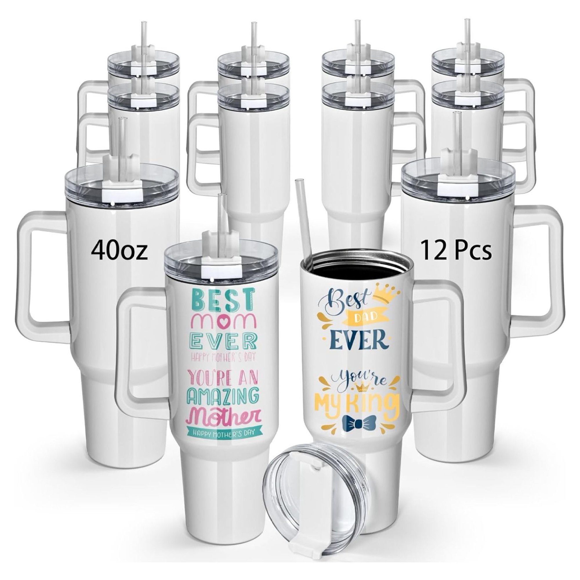 ZHANGHU 40 oz Sublimation with White Handle Lid and Straw 12 Pack Stainless Steel Double Wall Vacuum Insulated Travel Mug Cup Bulk Sublimation Blank for DIY Gift