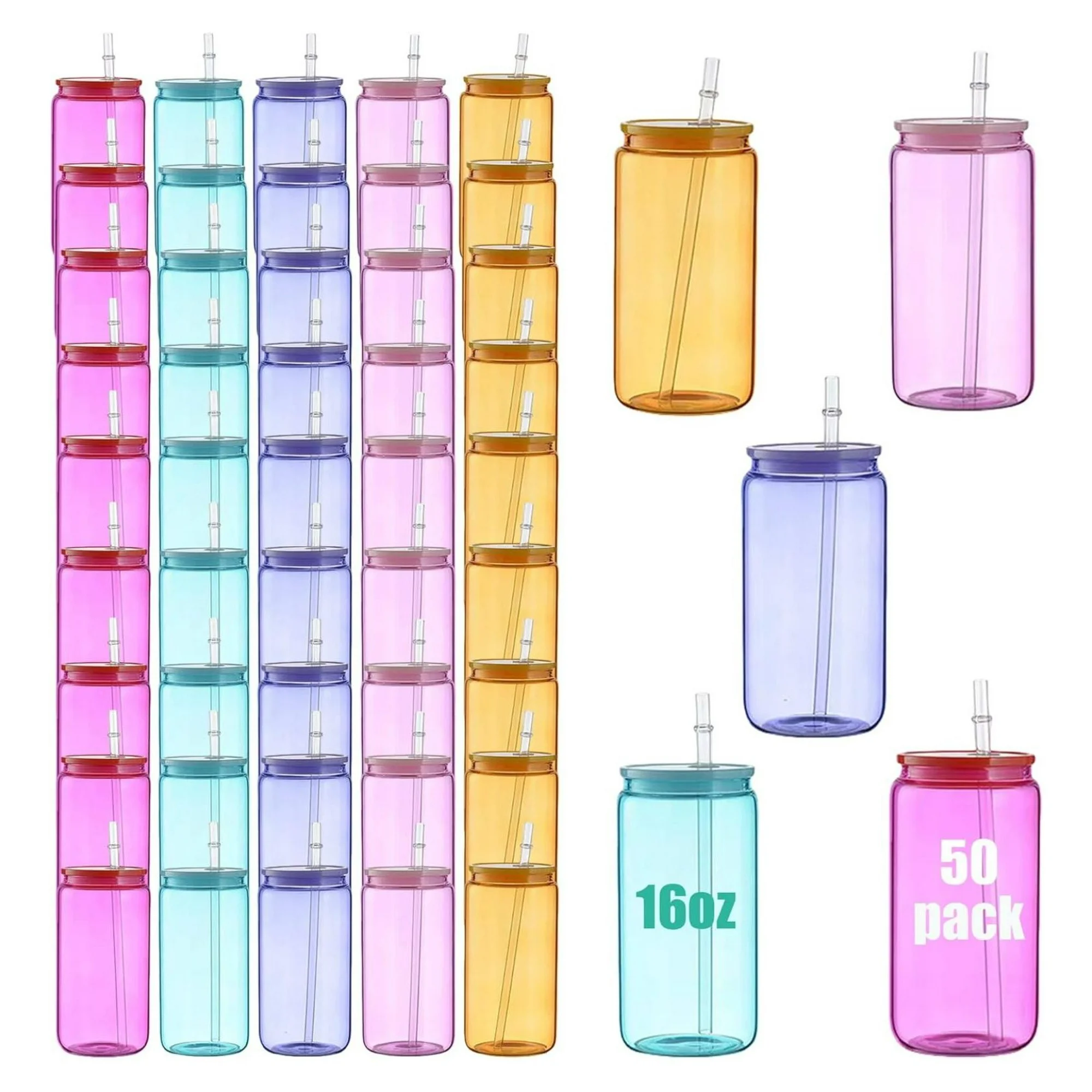 ZHANGHU 50 pack 16 oz Clear Sublimation Colored Glass Blanks with Bamboo Lids and Straws,Can Shaped Colored Sublimation Blanks for Iced Coffee Juice Soda Drinks