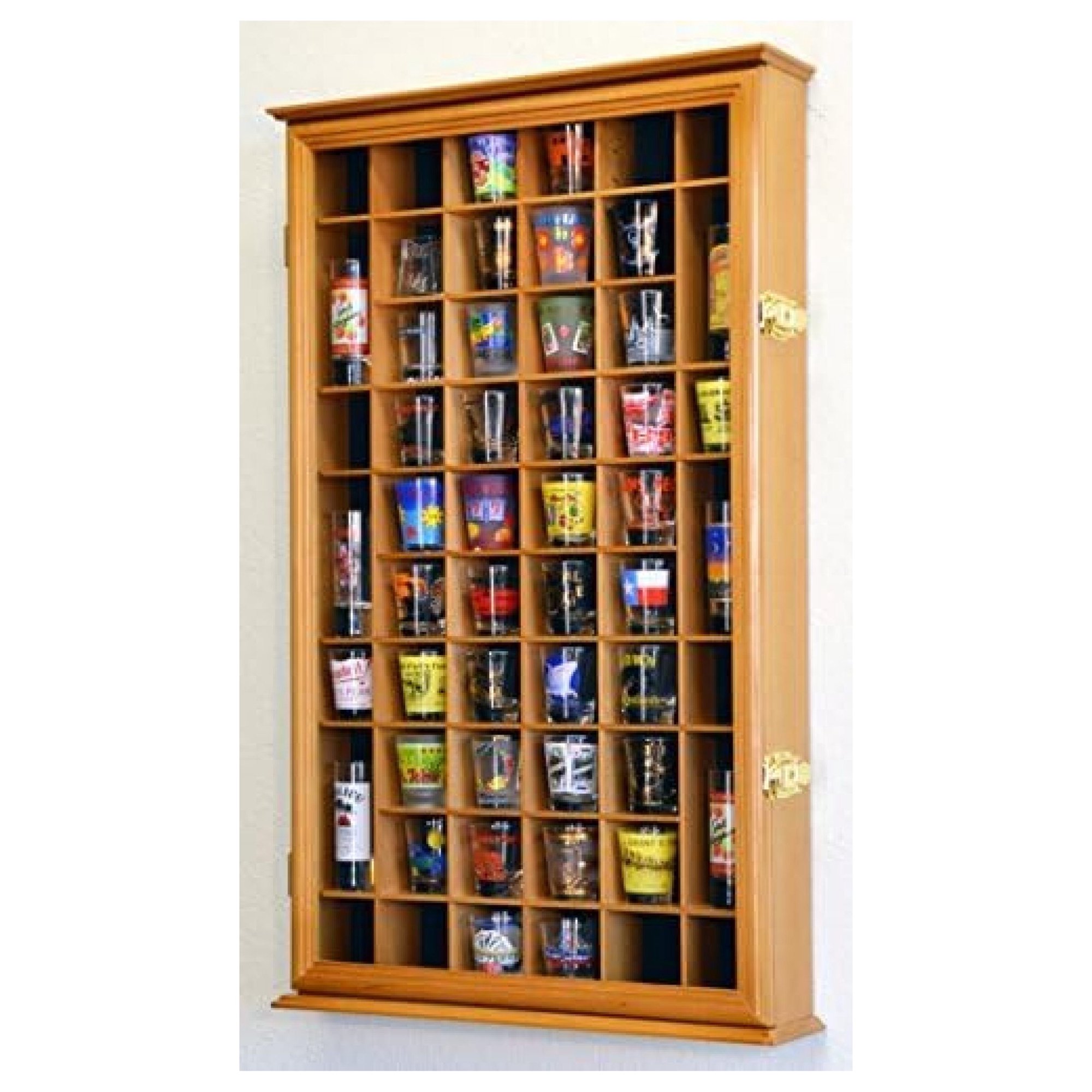 ZHANGHU 54 Shot Glass Shotglass Shooter Display Case Holder Cabinet Wall Rack 98% UV with Locks Oak