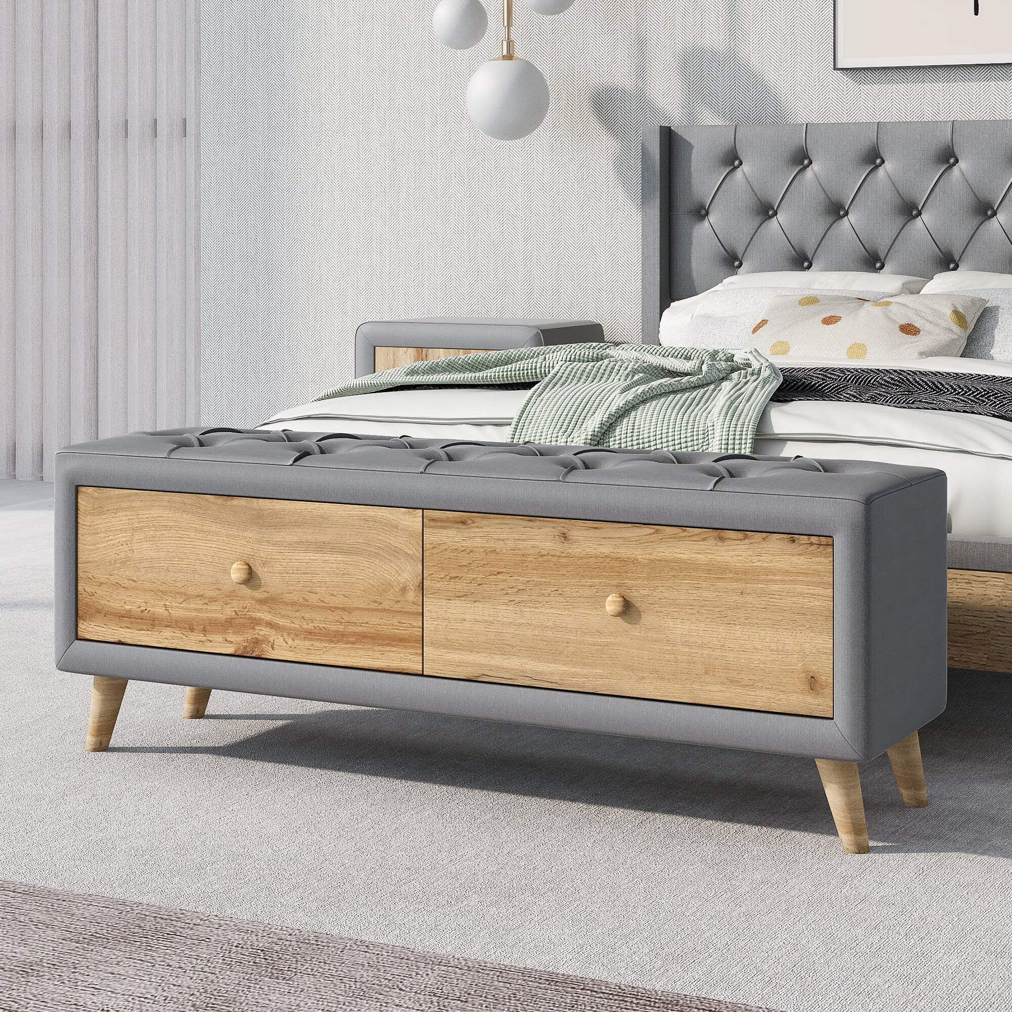 Upholstered Wooden Storage Ottoman Bench with 2 Drawers For Bedroom, Fully Assembled Except Legs and Handles, Padded Seat with Rubber Wood Leg-Gray