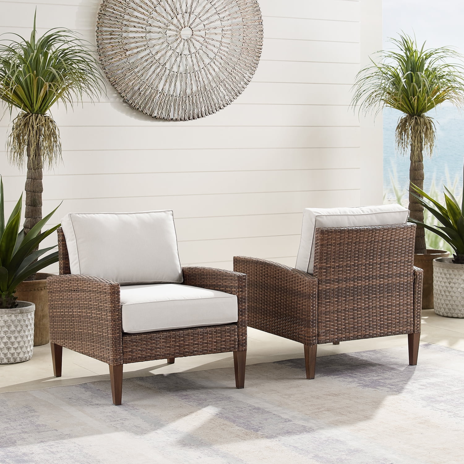 HomeStock Boldly Bohemian 2Pc Outdoor Wicker Chair Set Creme/Brown - 2 Armchairs