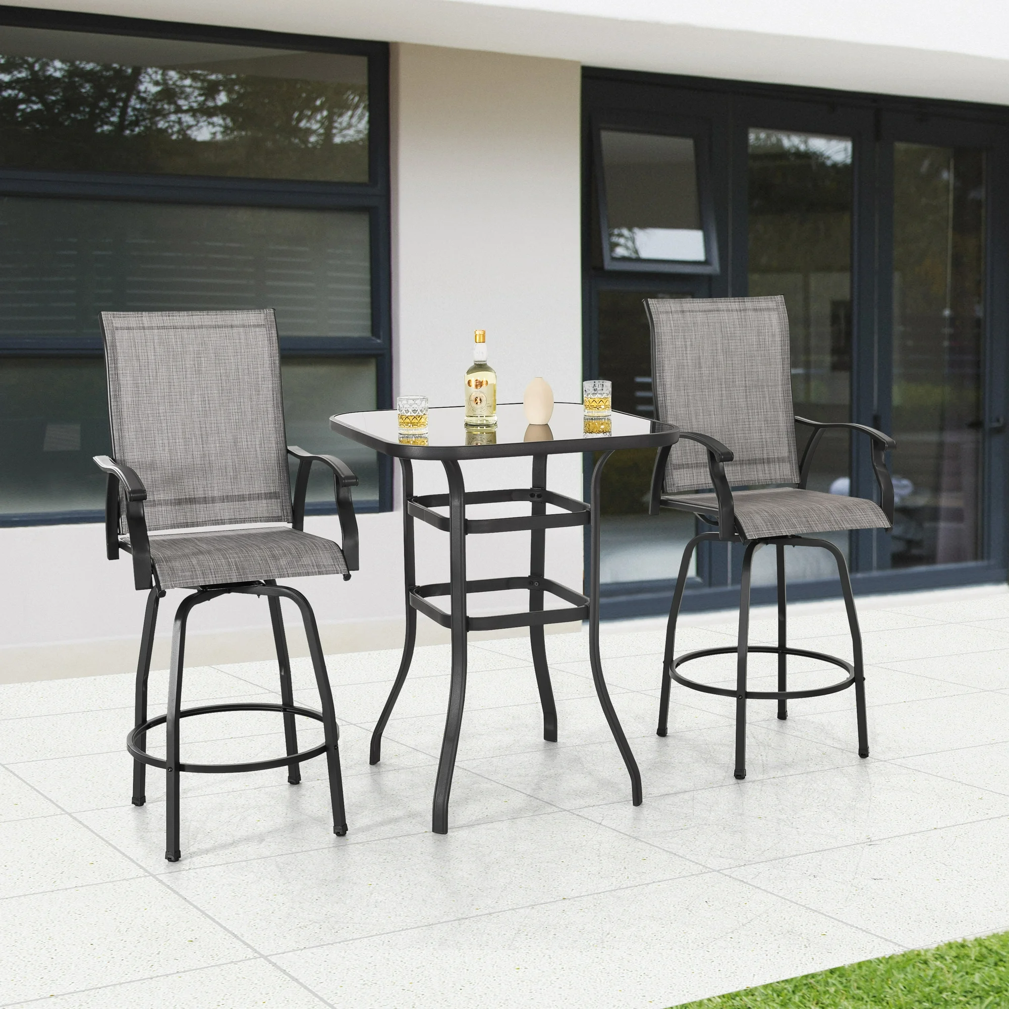 Nuu Garden 3 Piece Patio Bar Set, Textilene Bar Stools Set, All Weather Outdoor Swivel Bar Stools Chair Set of 2, High Stools Set with Tempered Glass Table, Gray