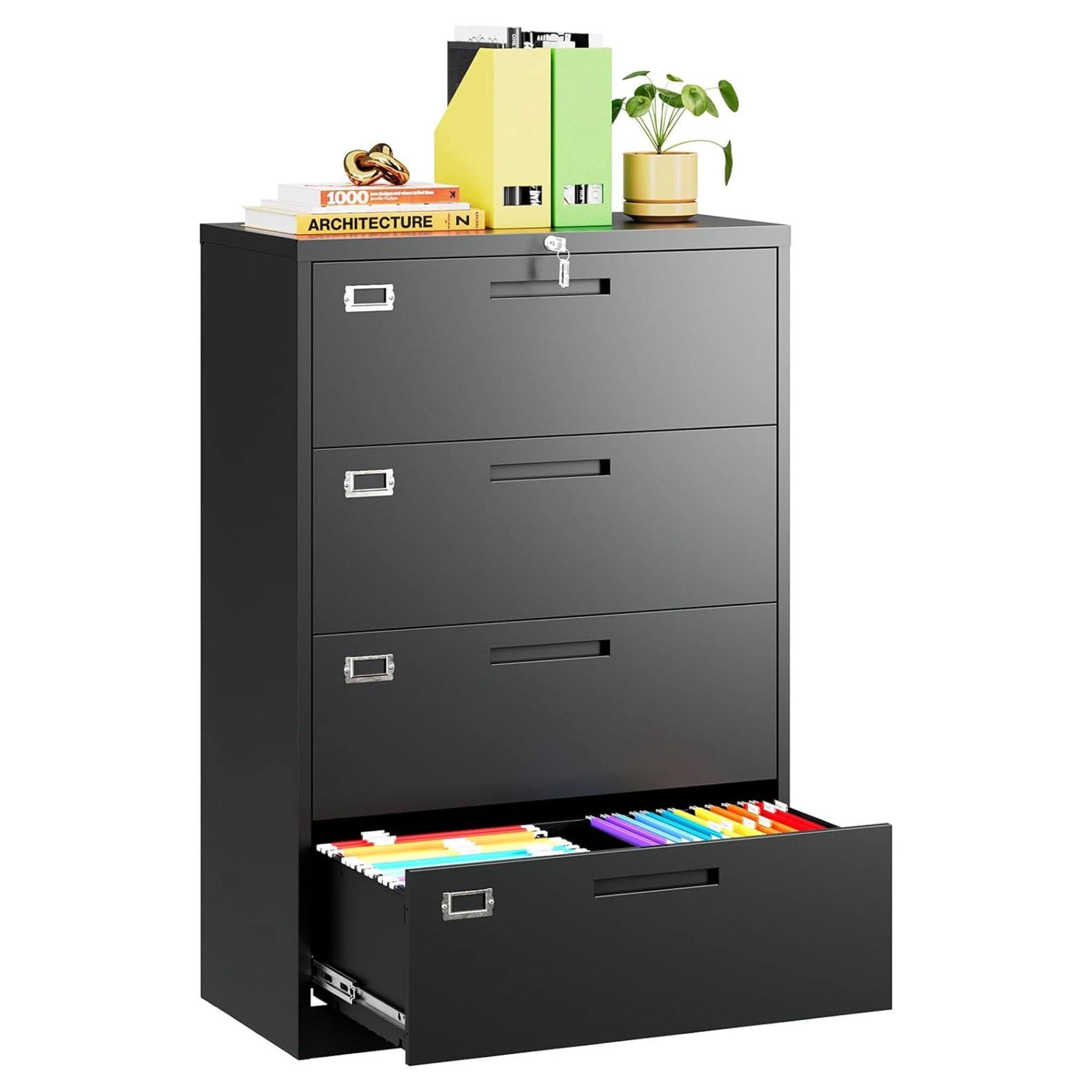 ZHANGHU 4 Drawer Lateral File Cabinet with Lock, White Lateral Filing Cabinet, Large Deep Drawers Locked by Keys, Metal Storage File Cabinet for Hanging Files Letter/Legal/F4/A4 Size