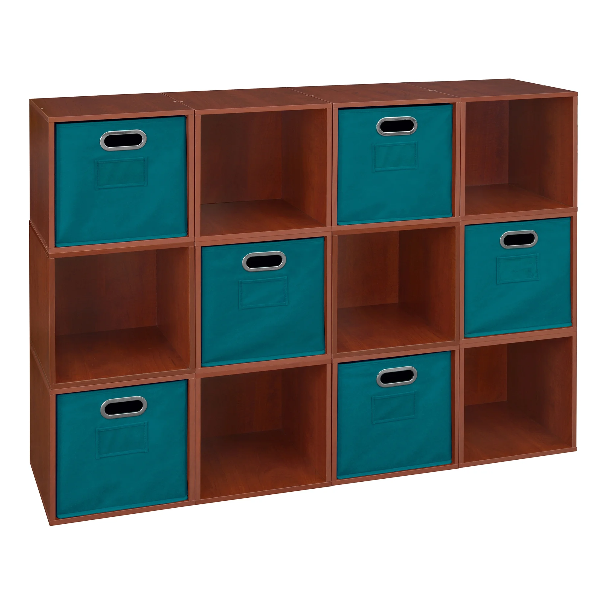 Niche Cubo Storage Organizer Open Bookshelf Set- 12 Cubes 6 Canvas Bins- Cherry/Teal