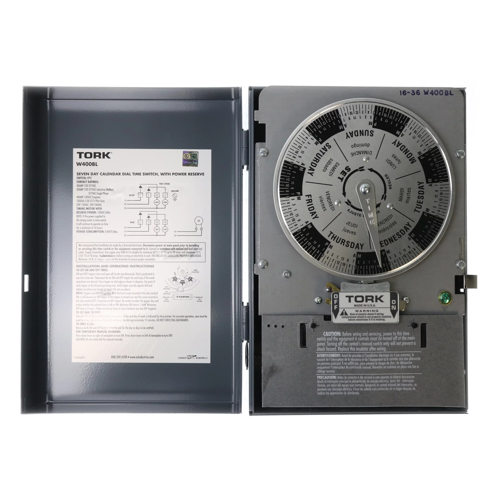 Tork NSI W400BL Mechanical Time Switch, 7-Day, NEMA-1, 120/240/277V, 40A, 4PST, 4-Pole