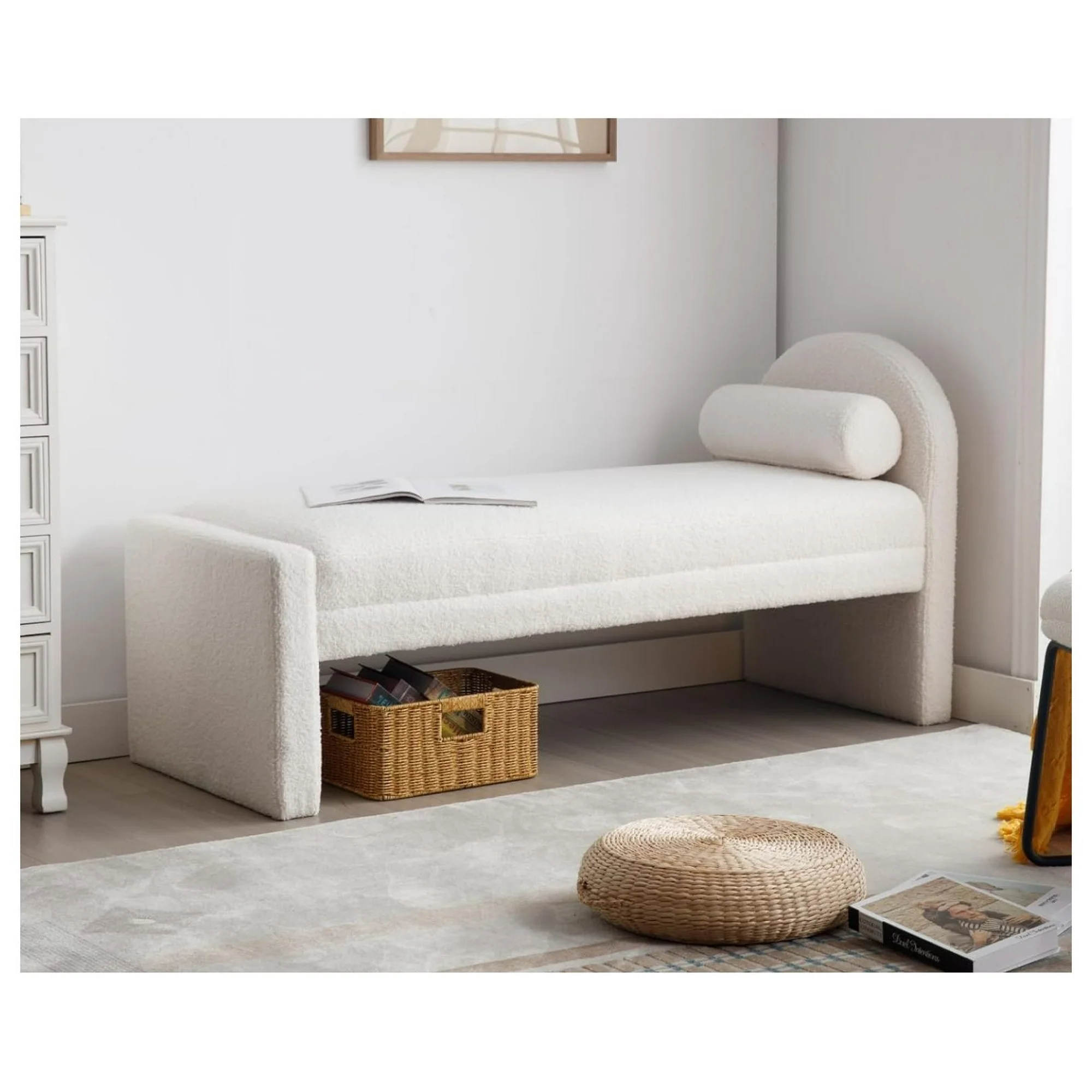 ZHANGHU Boucle Entryway Bench Bedroom Bench End of Bed Modern Upholstered Ottoman Bench Window Seating Bench with Wood Frame/Arm/Roll Pillow for Living Room/Hallway, White
