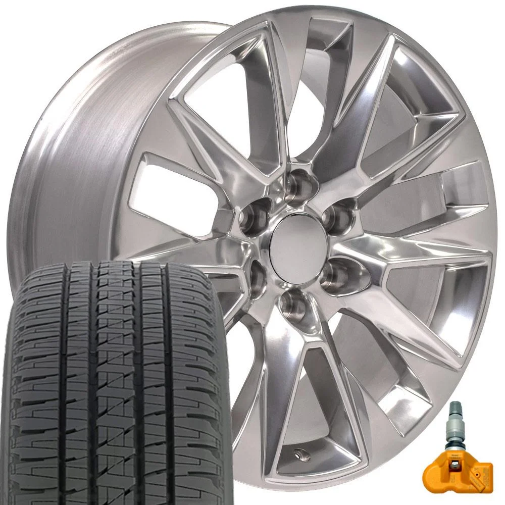 OE Wheels 20 inch Polished 5920 Rims, 275/55R20 Bridgestone Tires, TPMS Set fits Specific GM Trucks