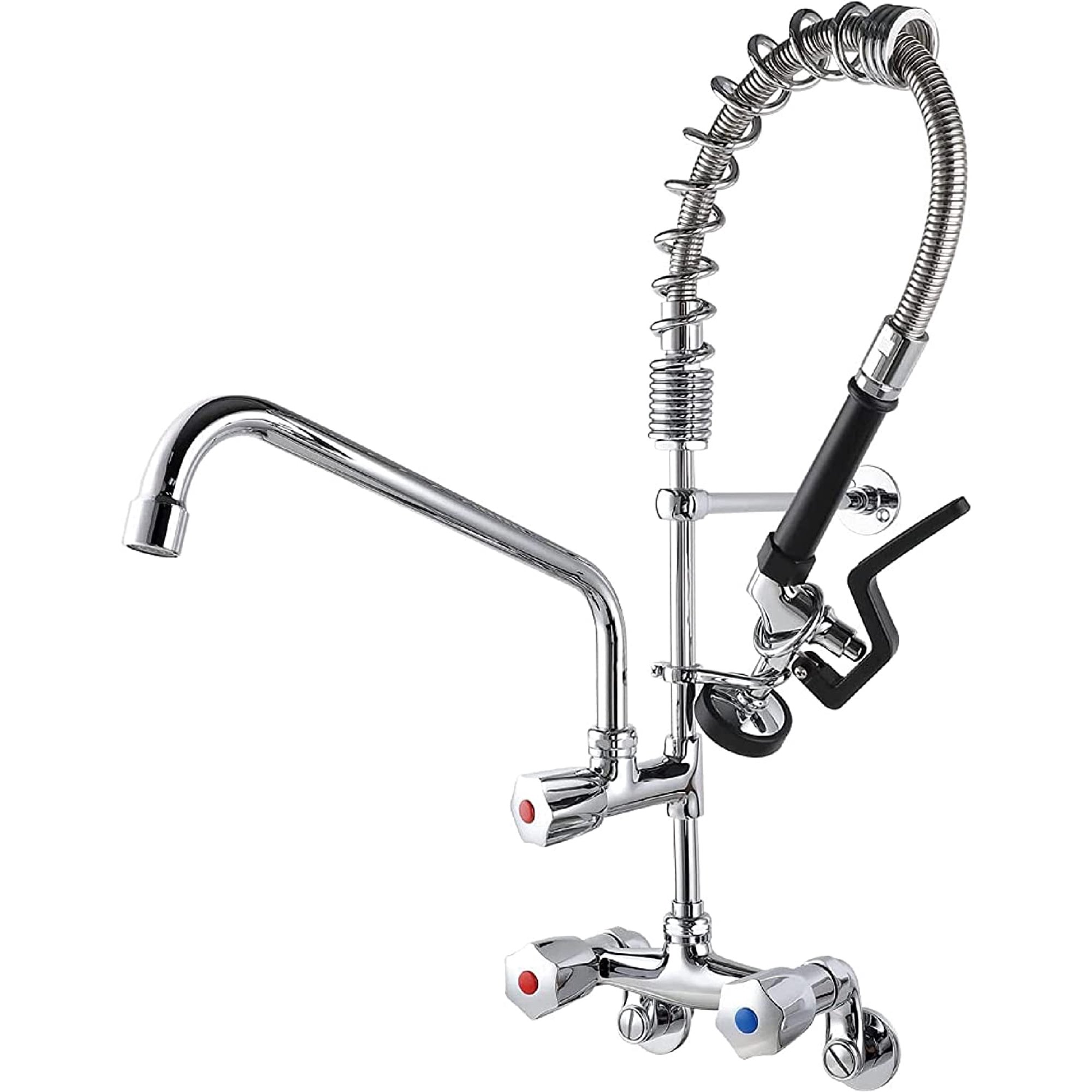 pingduo 4-8 Inch Adjustable Center Wall Mount 25'' Height Commercial Kitchen Sink Faucet Brass Mini Pre Rinse Unit with Spray Valve and 12 inch Add on Spout (6814P)