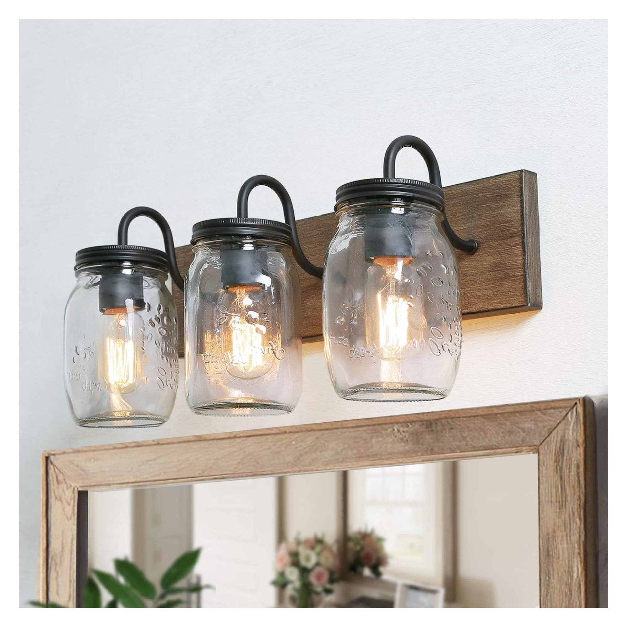 ZHANGHU Bathroom Vanity Fixtures Farmhouse Mason Jar Lights with Faux Wood Finish, L18 x H8 x W9.5, Brown