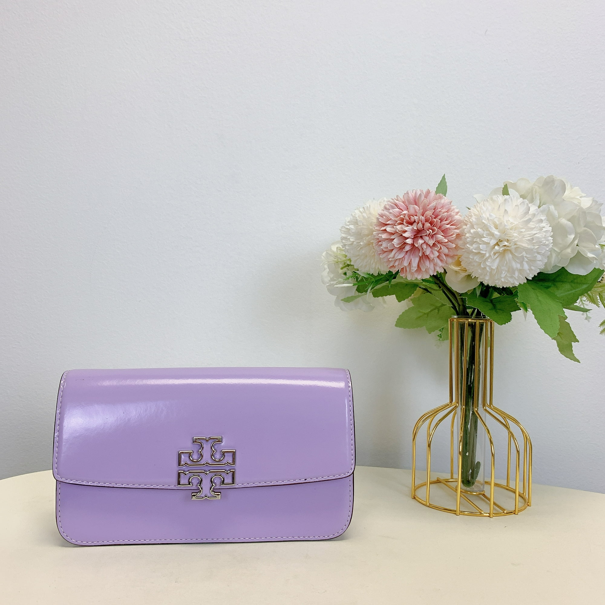 Tory Burch Britten Patent Chain Wallet W/ Wristlet in lavender