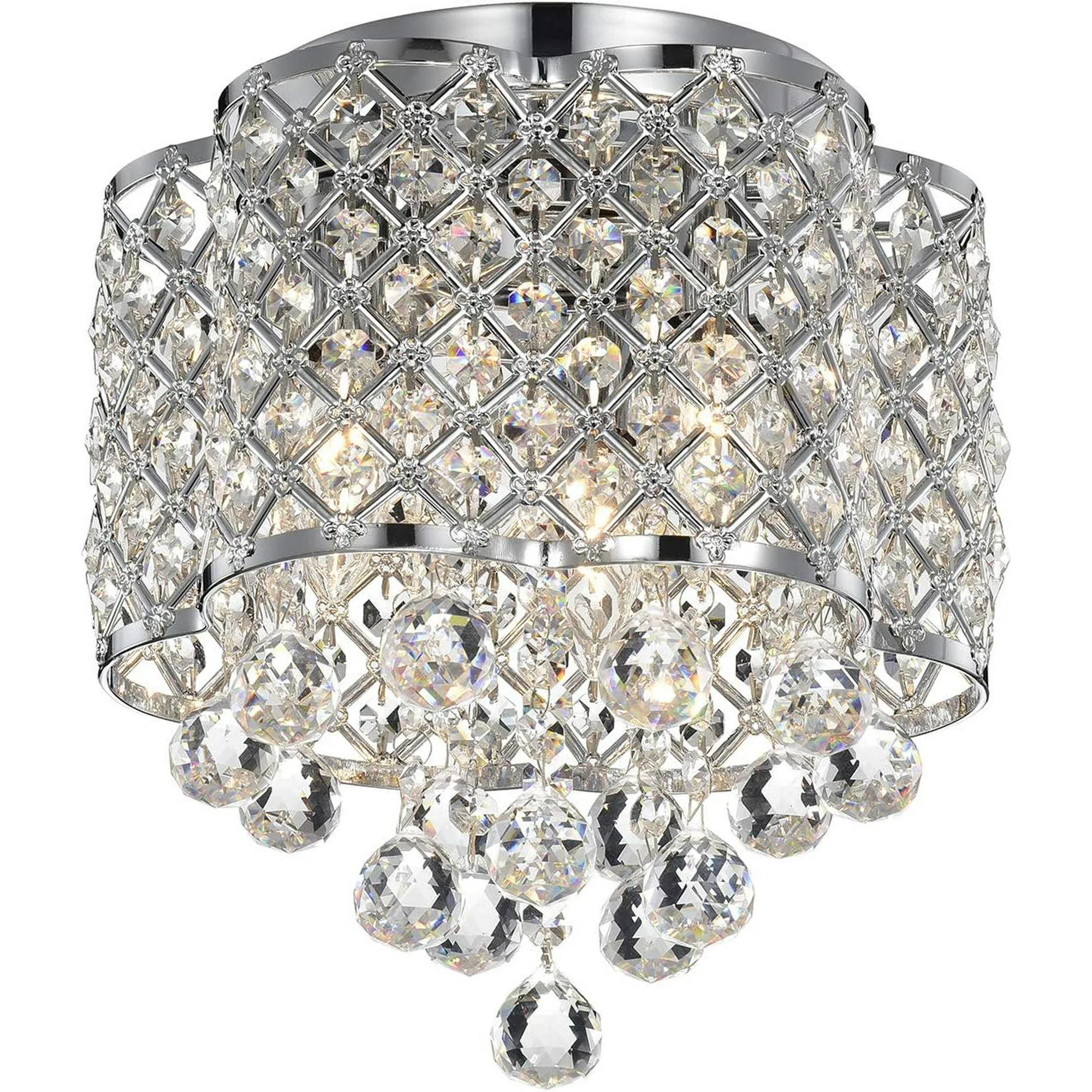 WEIKE IMC482/3 Pali Chrome 3-Light Crystal and Metal Drum Shade Flush Mount, 13''W x 13''L x 10''H, Silver