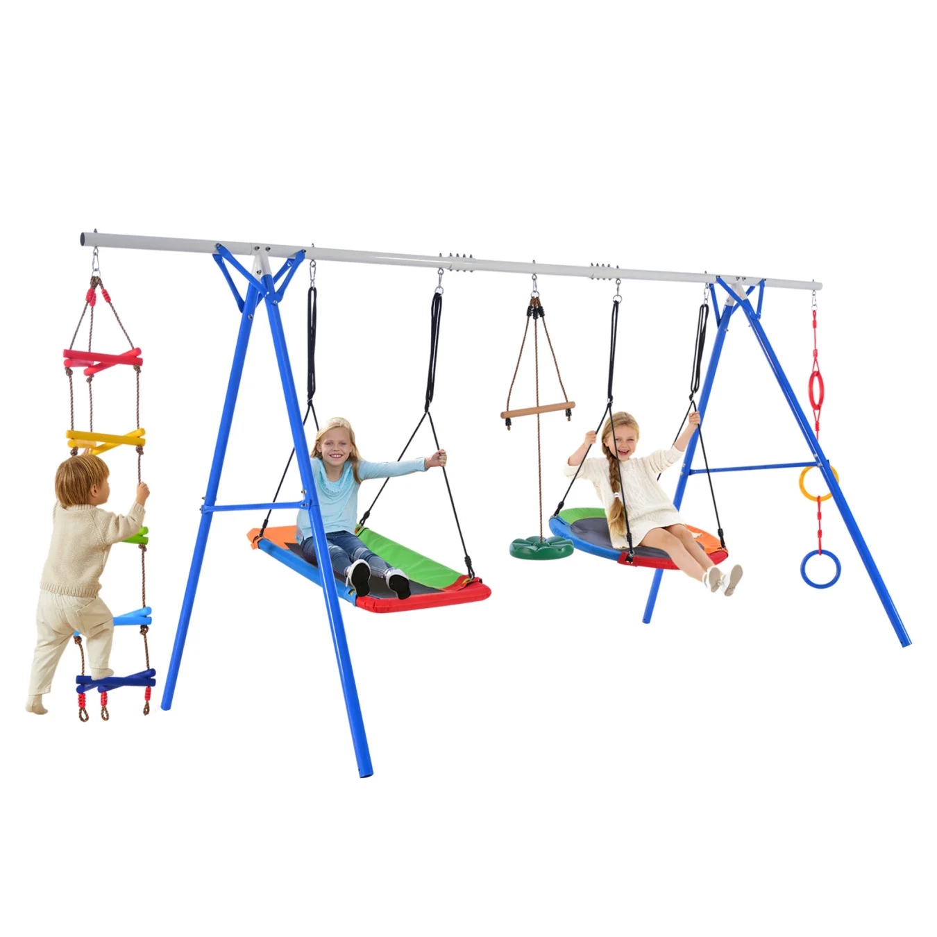 5 in 1 Outdoor Toddler Swing Set, Playground Swing Set with Steel Frame, Multifunction Playsets for Kids with Climbing Ladder, Saucer Swing, Monkey Bar Swing, Disc Swing and Swing R*ing