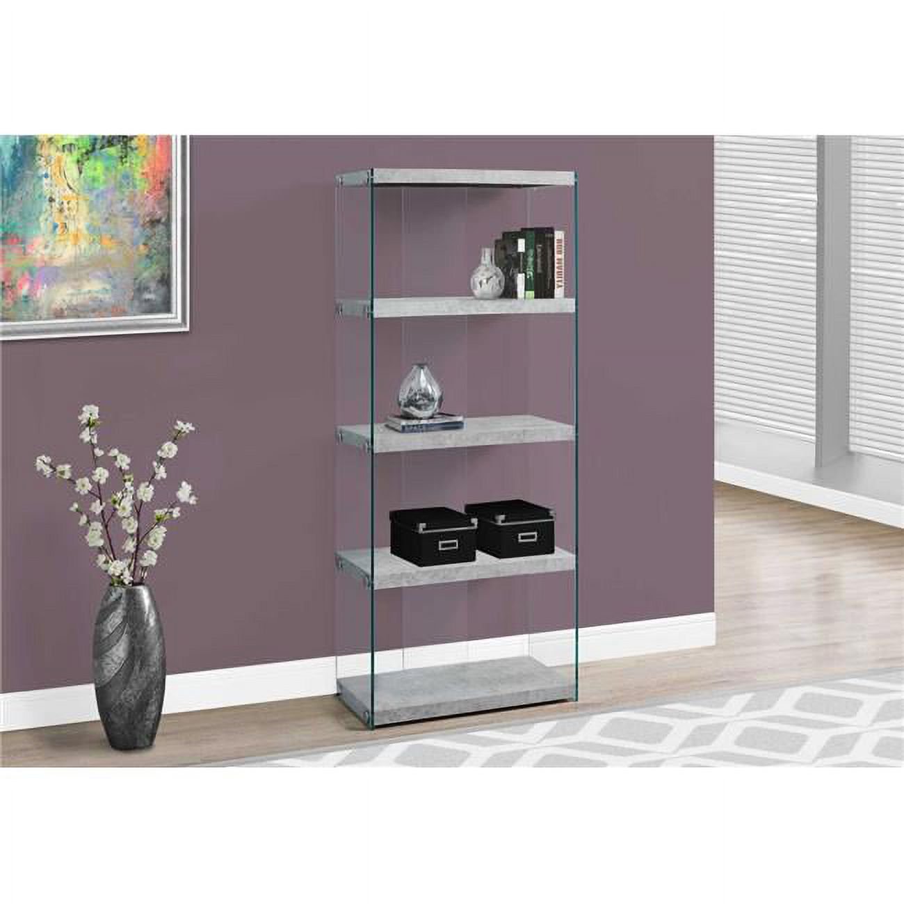 HomeRoots 333110 60 in. Grey Cement Particle Board & Clear Tempered Glass Bookcase