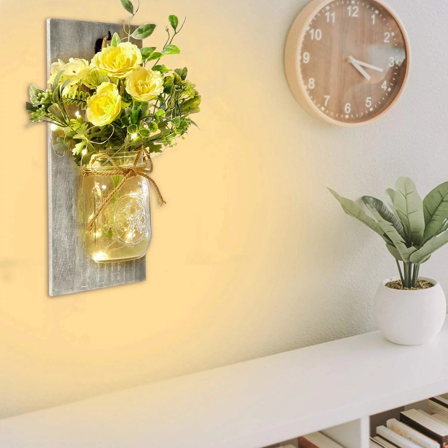 Wall Decor Mason Jar Sconces - Home Decor Wall Art Hanging Design with Remote Control LED Fairy Lights and White Rose  Farmhouse Wall Decorations for Bedroom Living Room Lights Set of Two