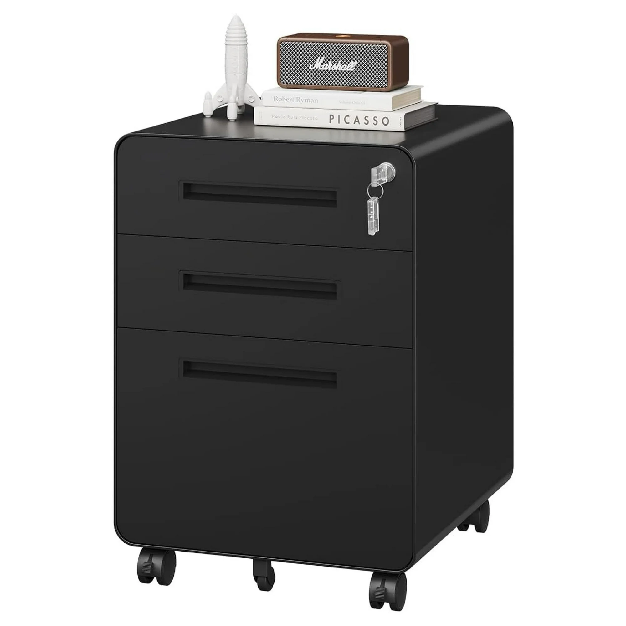 ZHANGHU 3 Drawer File Cabinet with Lock, Metal Under Desk Rolling Filing Cabinet fits Letter/Legal/A4 Size for Home Office,(Fully Assembled, Black)