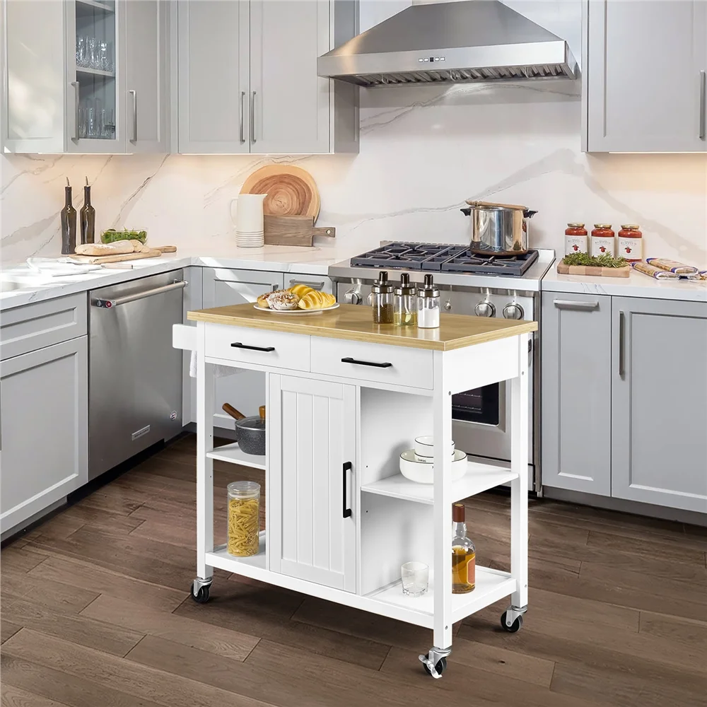 Topeakmart Mobile Kitchen Cart with Bamboo Top Kitchen Island on Wheels with Cabinet & Drawers & Towel Bar White