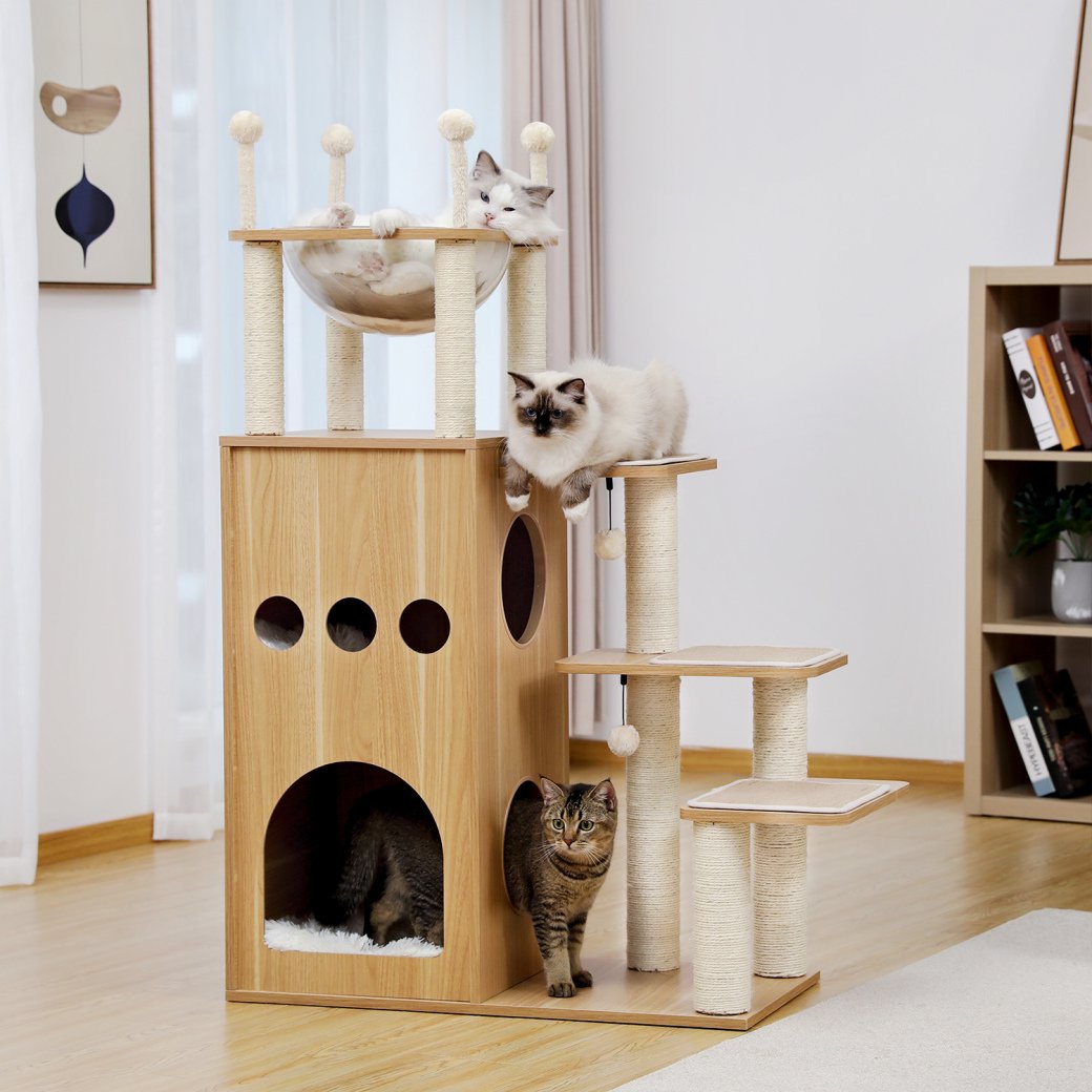 51.2 Inches Cat Tree, Cat Tree House and Towers for Large Cat, Cat Climbing Tree with Cat Condo,Cat Tree Scratching Post, Multi-Level Large Cat Tree, Beige