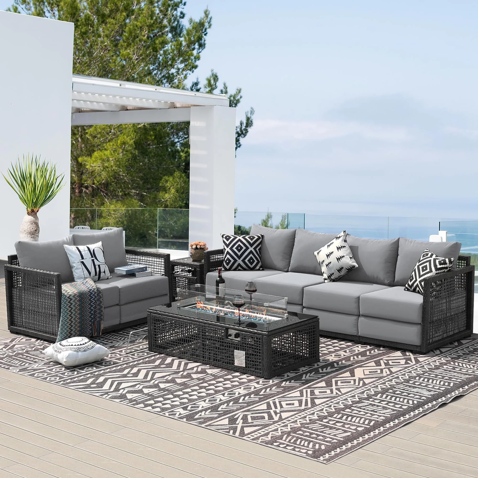 NICESOUL 8 Pieces PE Wicker Heated Patio Furniture Sectional High Back Ultra Thick Cushion Sofa Set with Fire Pit TableLight Gray