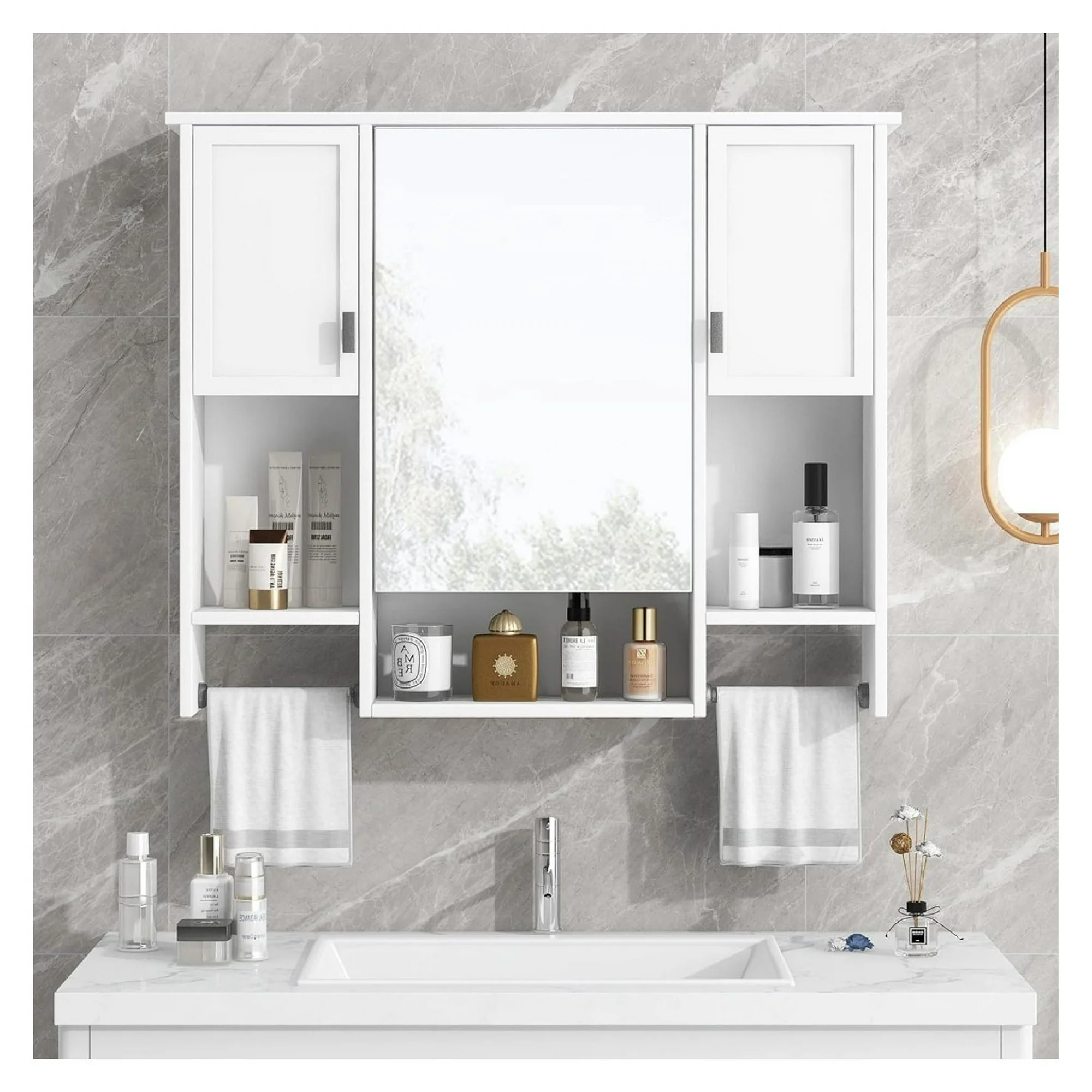 ZHANGHU Bathroom Medicine Cabinet with Mirror, Wall-Mounted Storage Cabinet Organizer with Doors, Shelves and Towel Bars