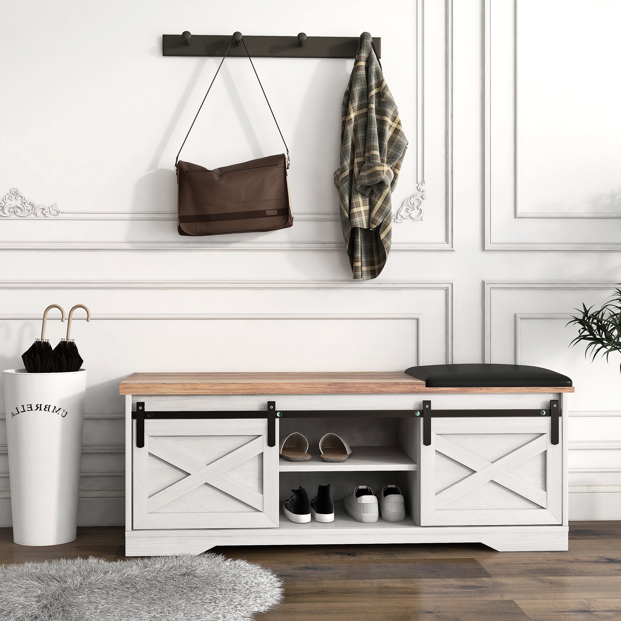 Shoe Bench with Padded Seat Cushion, 2-Tier Storage Bench, Entryway Bench with 2 Barn Doors and 2 Open Shelves, Adjustable Shelf Doors, For Entryway, Living Room, Bedroom