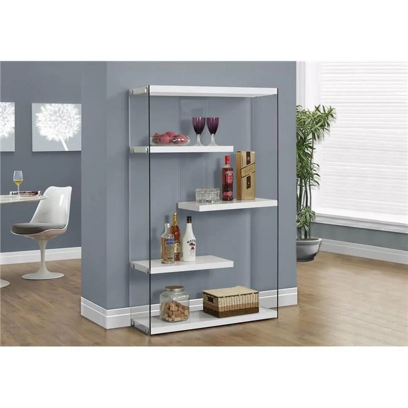HomeRoots  58.75 in. Glossy White Particle Board & Clear Tempered Glass Bookcase