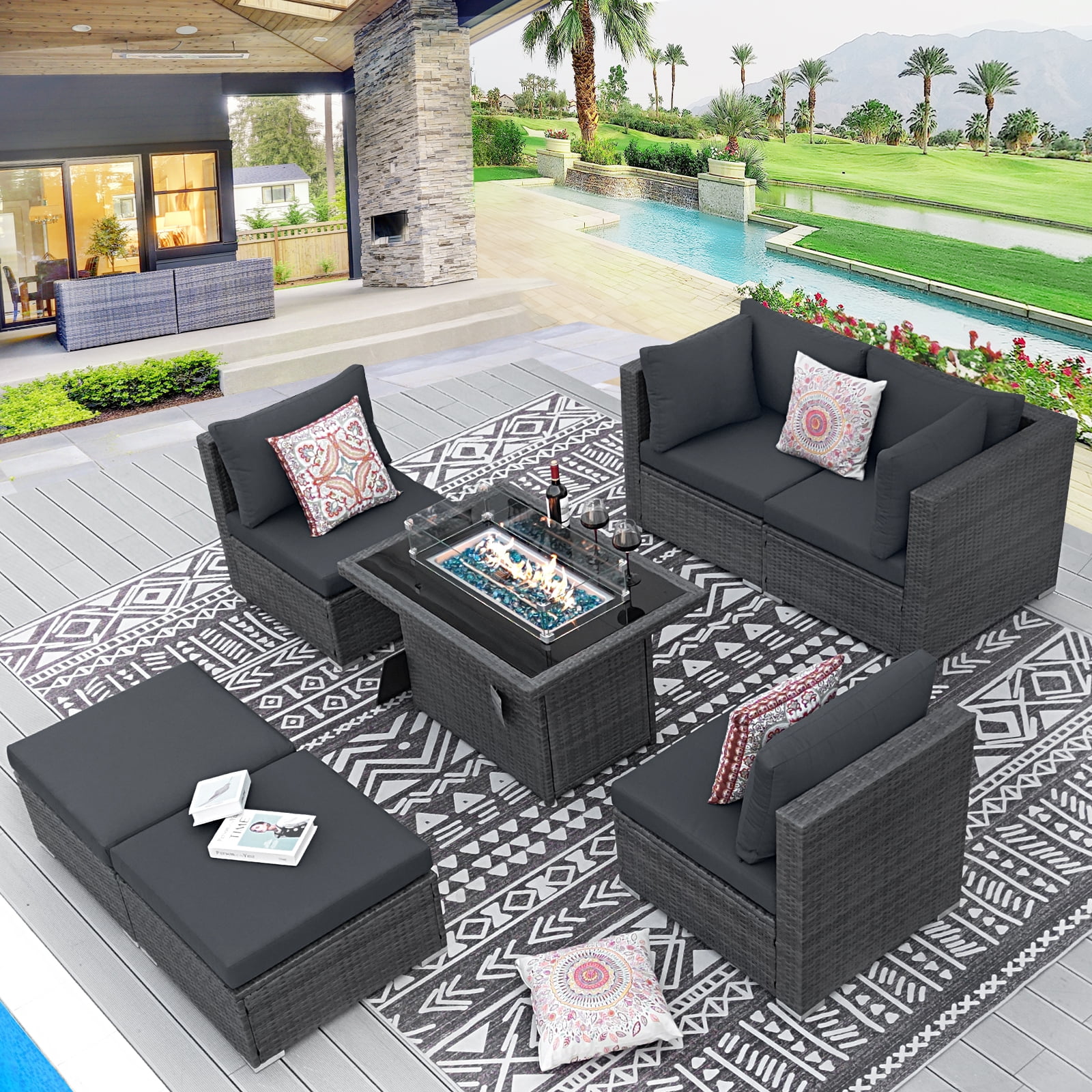 NICESOUL 7 Pcs Outdoor Sofa Sets with Fire Pit Table Wicker, Dark Grey