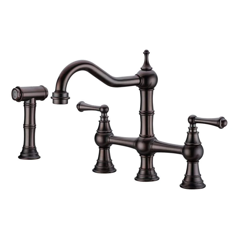 UPIKER Double Handle Bridge Kitchen Faucet with Pull-Out Side Spray in Oil Rubbed Brushed