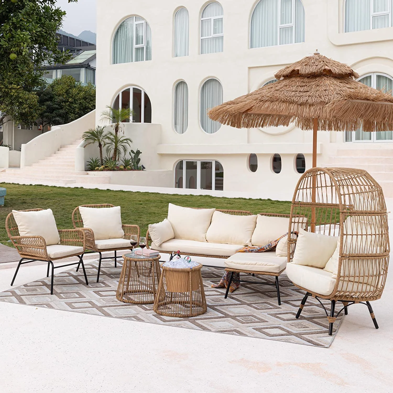 NICESOUL 7 Pcs Boho Outdoor Furniture Lounge Set with Egg Chair Wicker Patio Sofa Conversation Cream