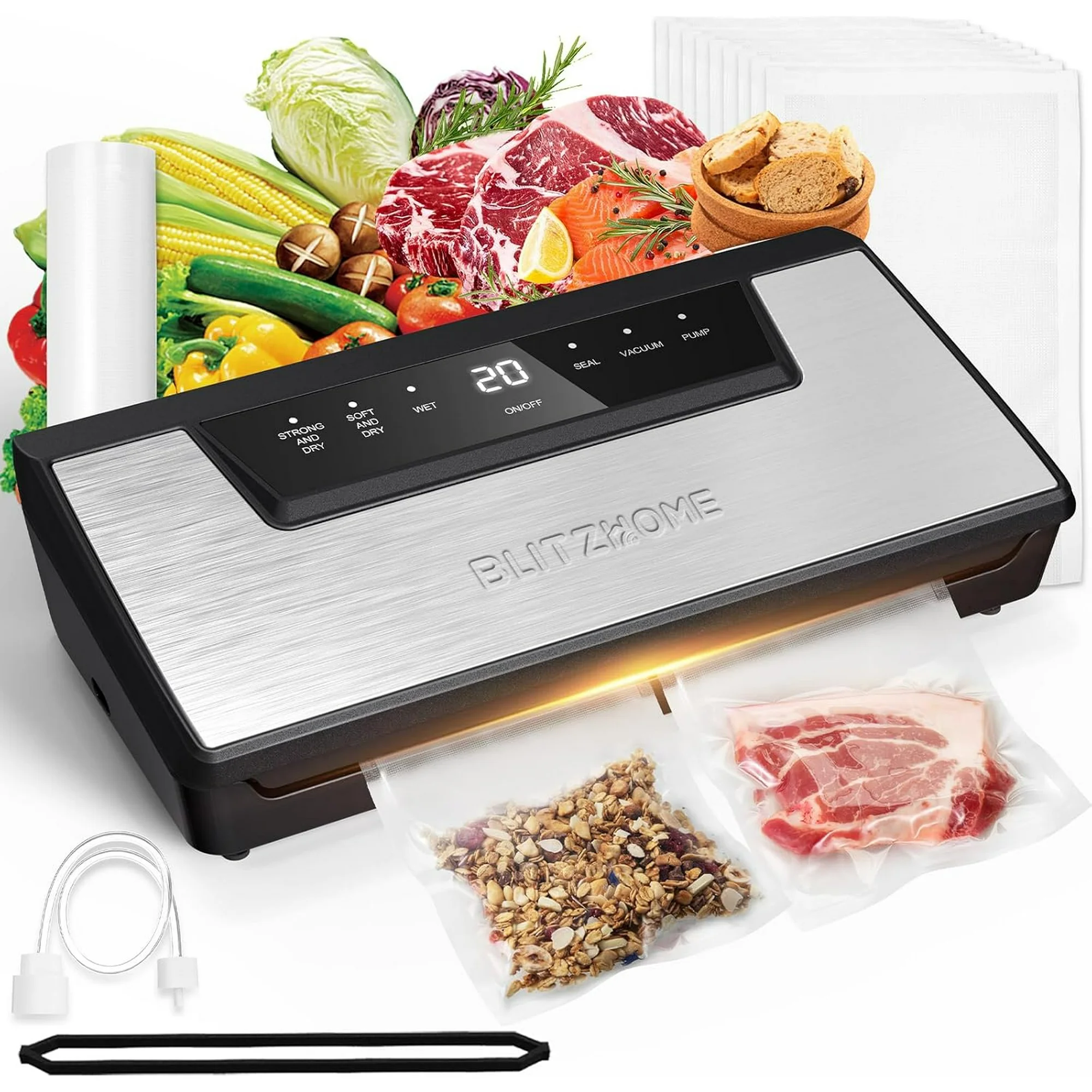 Vacuum Sealer Machine, 6 Easy Modes for Dry/Moist Food Storage/Sous Vide, Built-in Cutter/Storage, Visual Seal-Time, Automatic Food Sealer with 15Pcs Bags,1 Roll, Full Starter Kit