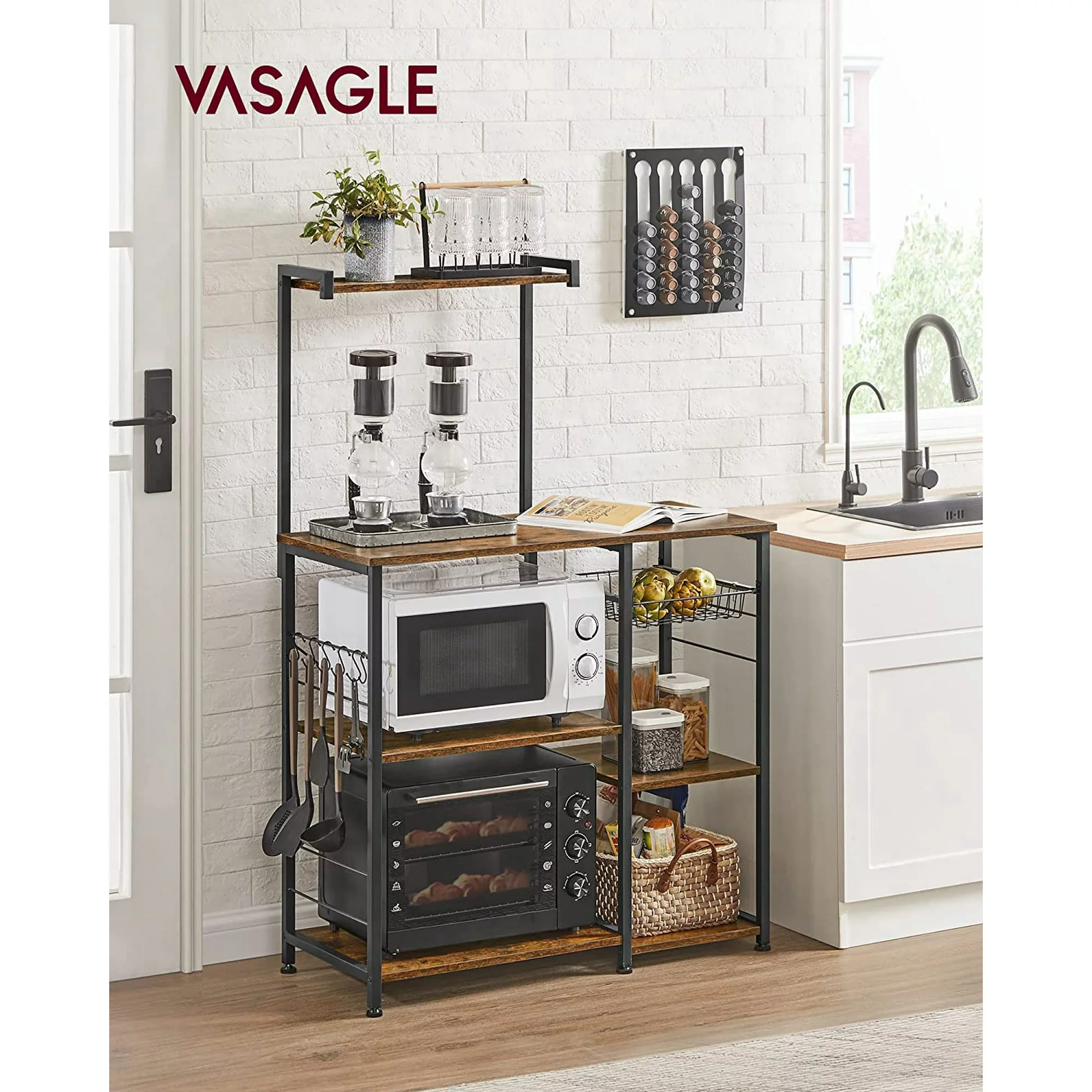 VASAGLE Baker's Rack Microwave Stand Kitchen Storage Rack with Wire Basket 6 Hooks & Shelves for Spices Pots & Pans Rustic Brown and Black Rustic Brown and Black