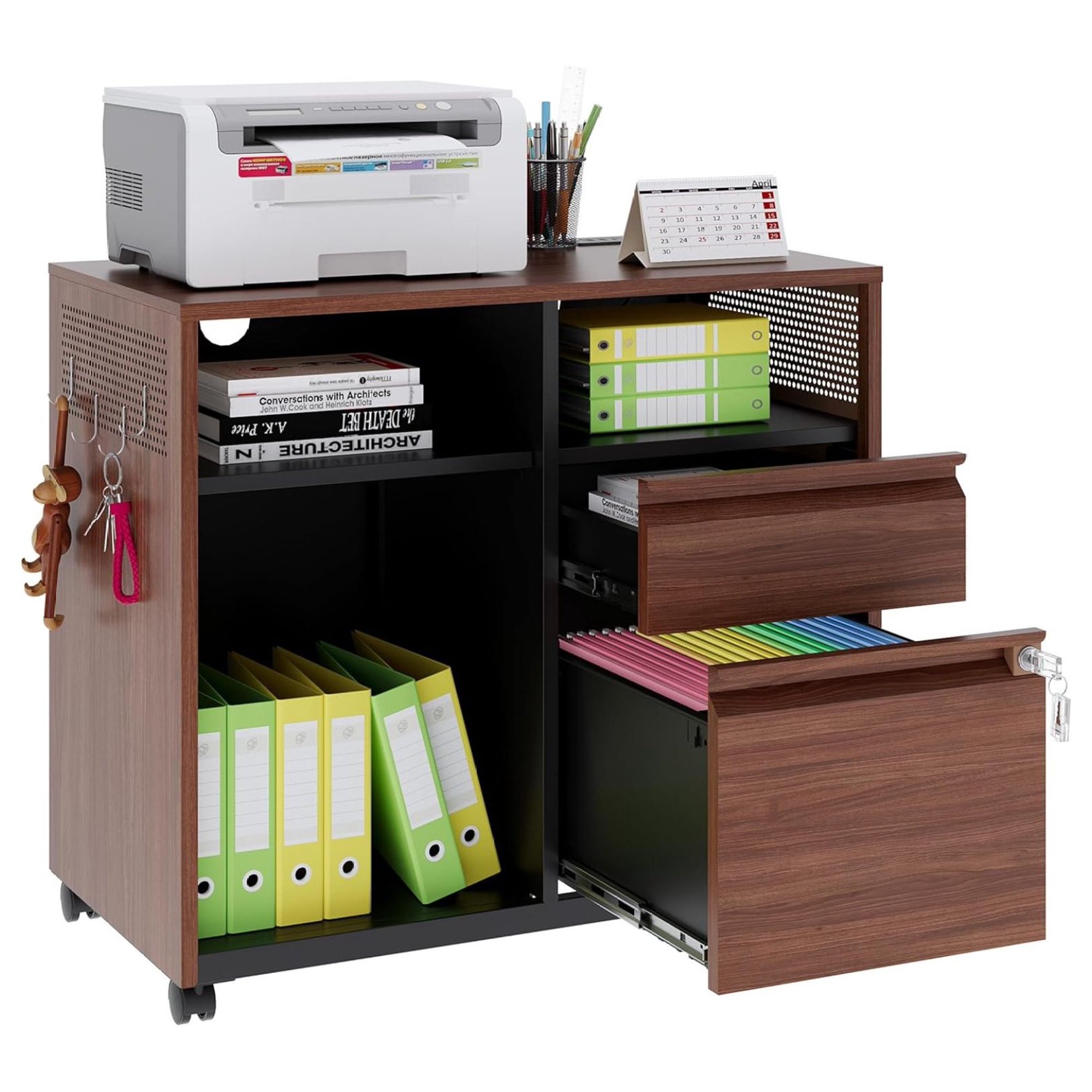 ZHANGHU File Cabinet with Charging Station Mobile Filing Cabinet with Lock Lateral File Cabinet Printer Stand with Open Storage Shelves for Home Office (Brown, Right Drawer)