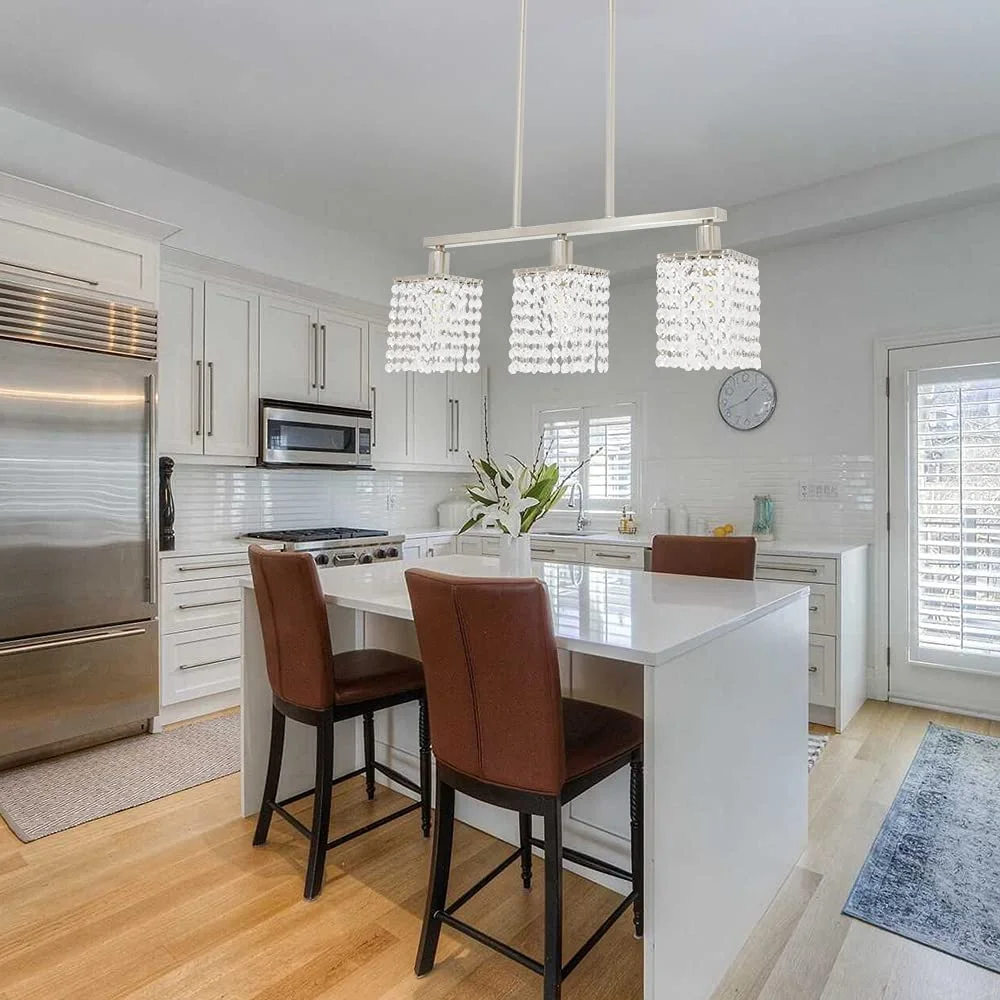 WEIKE Crystal Chandelier 3 Light Modern Linear Pendant Lighting with K9 Crystal Raindrop Brushed Nickel Foyer Candle Pendant Lamp Contemporary Flush Mount Light Fixture Ceiling for Kitchen Island