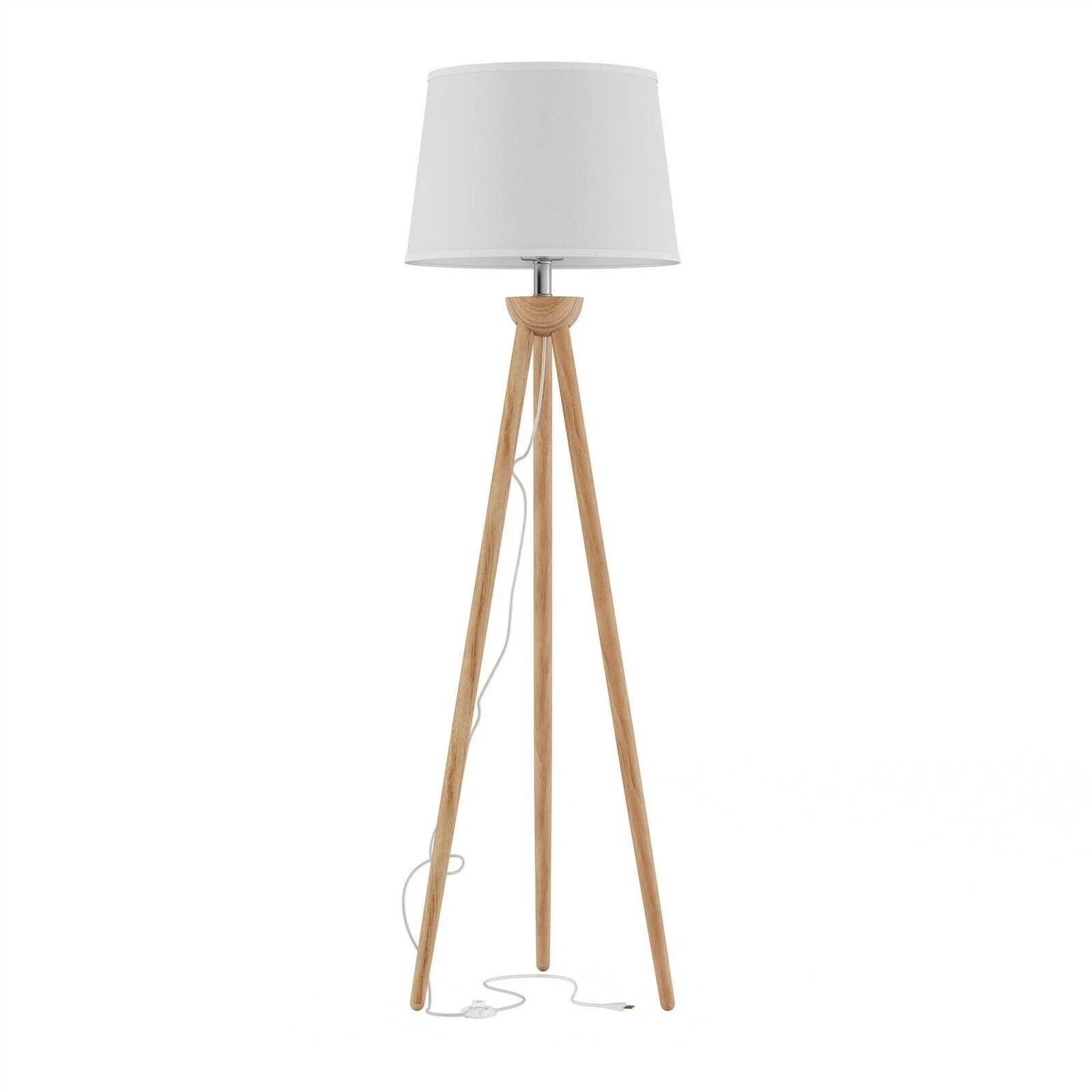 Tripod Floor Lamp Natural Oak Wood White Shade Modern Lighting LED Bulb 58 Inch